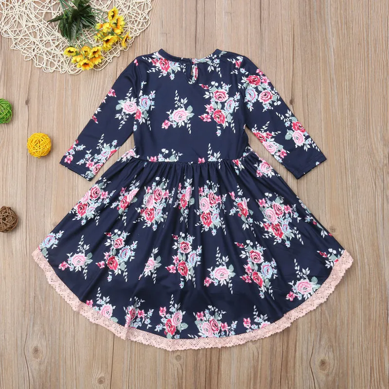 Girls Floral Print Lace Decor Trim Dress - ONLY 1 LEFT !!!