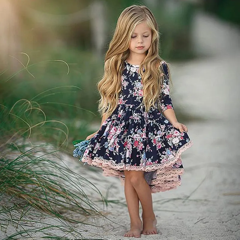 Girls Floral Print Lace Decor Trim Dress - ONLY 1 LEFT !!!