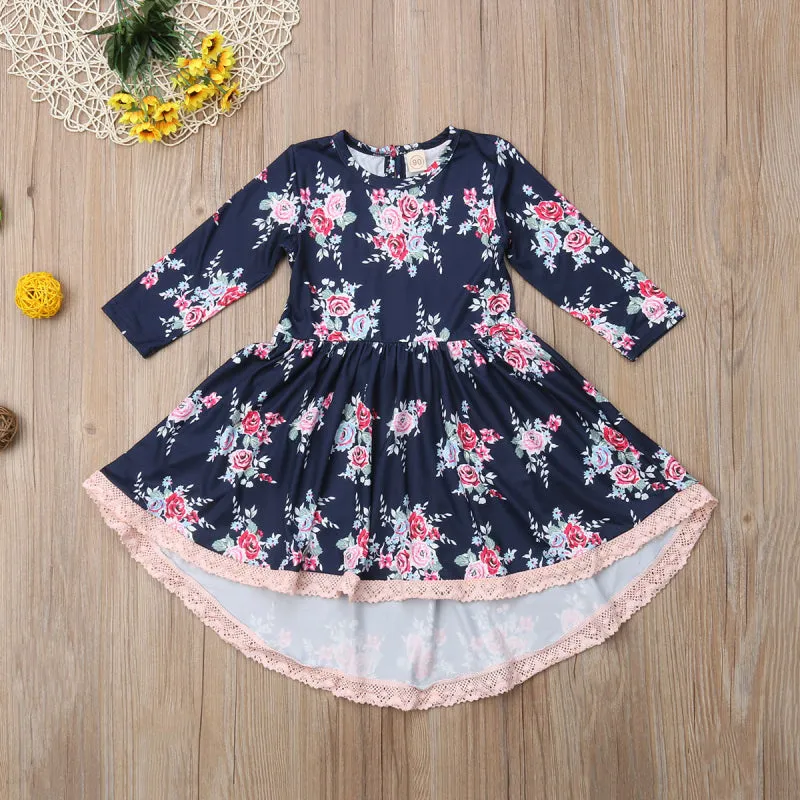 Girls Floral Print Lace Decor Trim Dress - ONLY 1 LEFT !!!