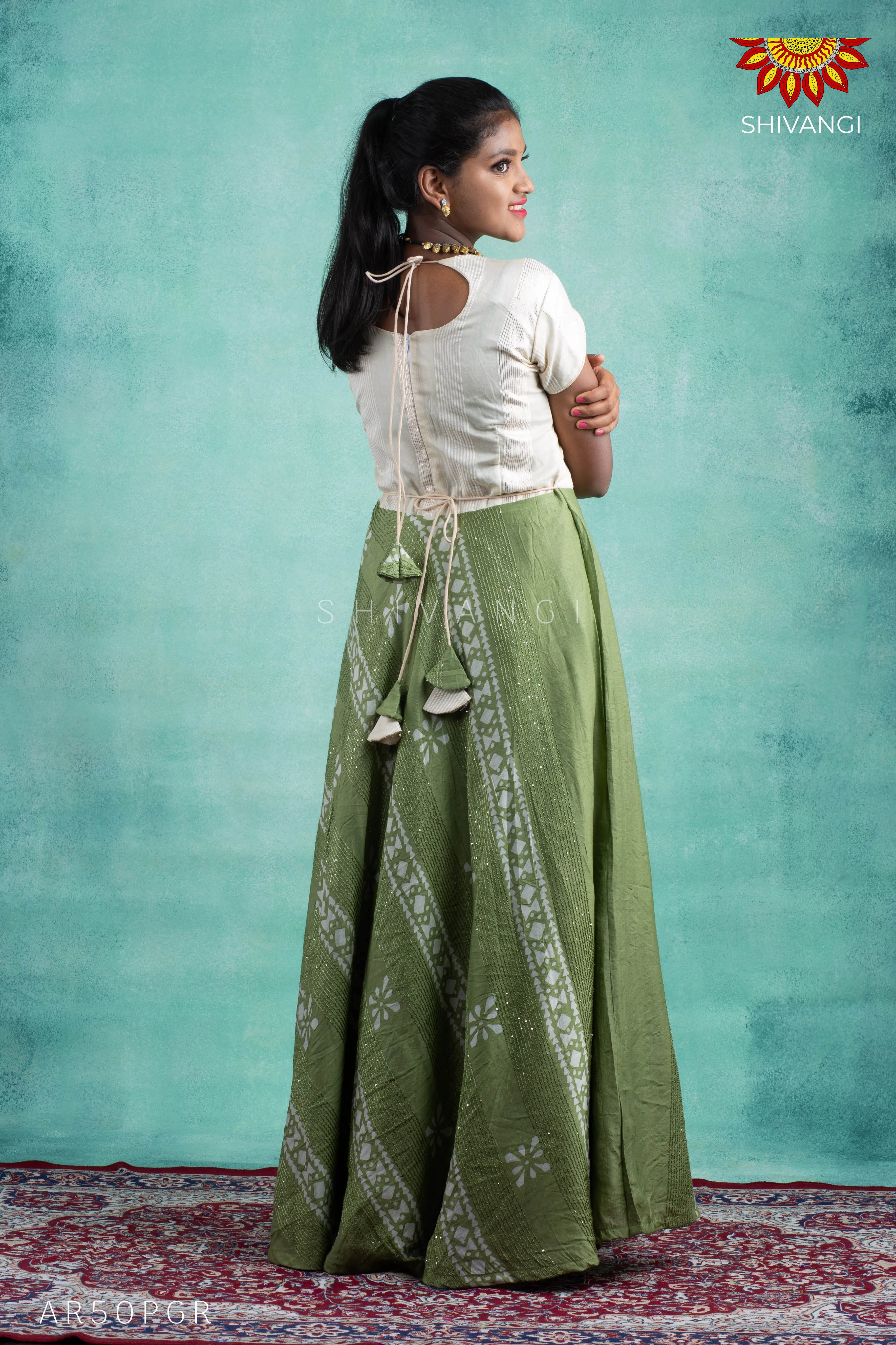 Girls Green Shibori Sequence Long Gown!!!