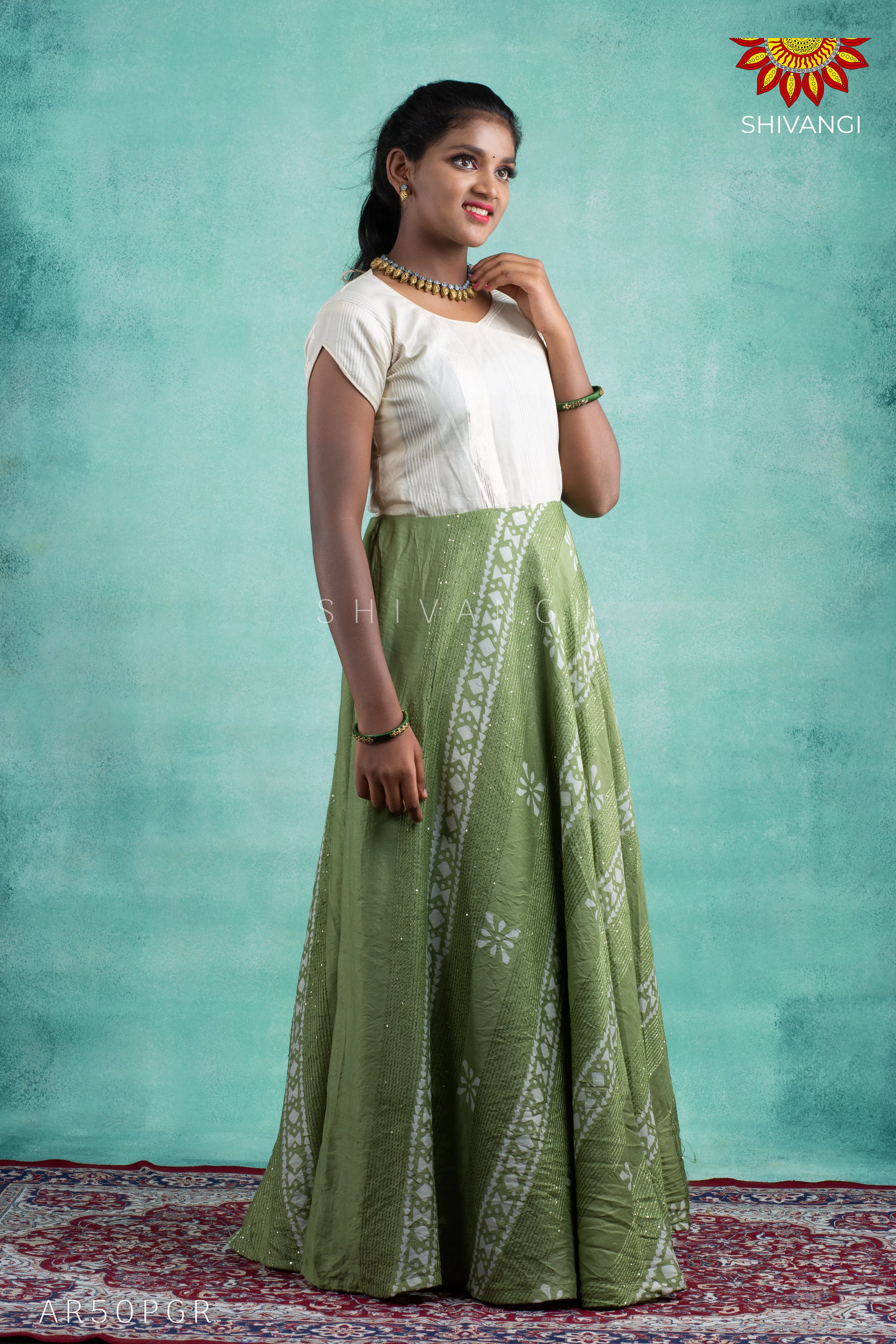 Girls Green Shibori Sequence Long Gown!!!