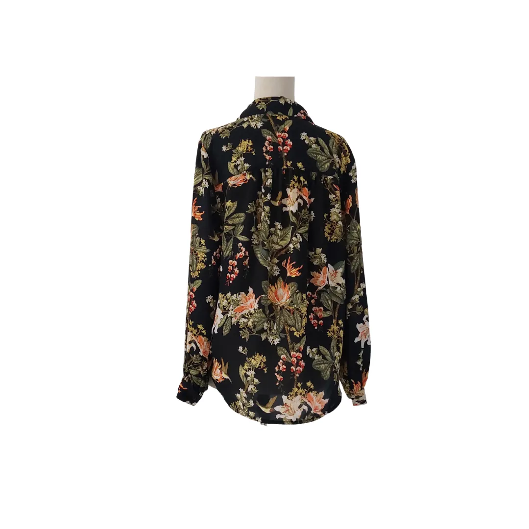 H&M Black Floral Printed Collared Semi-sheer Shirt | Like New |