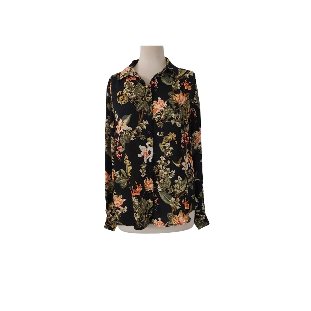 H&M Black Floral Printed Collared Semi-sheer Shirt | Like New |