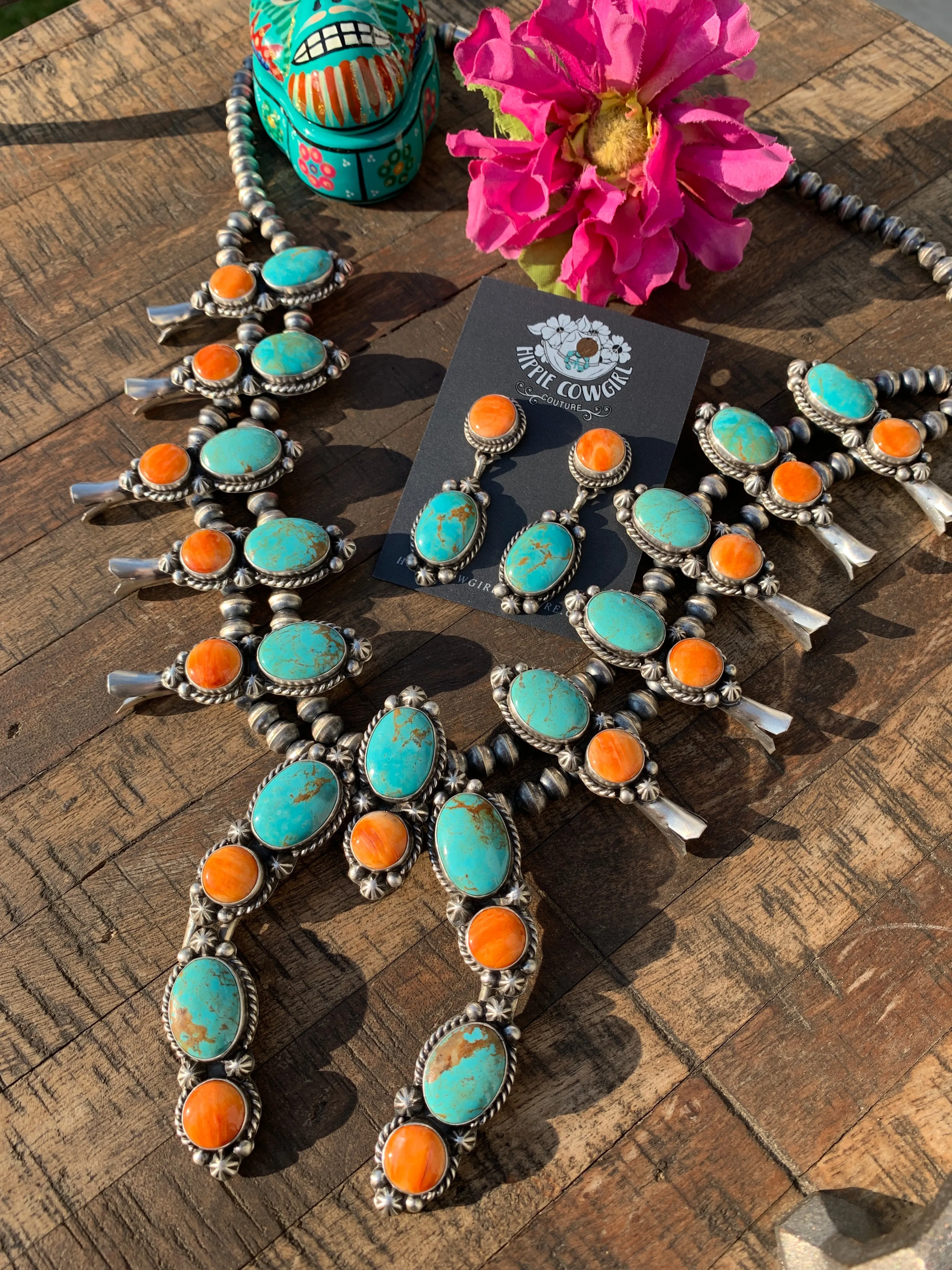 Kingman Turquoise and Orange Spiny Squash Blossom Set