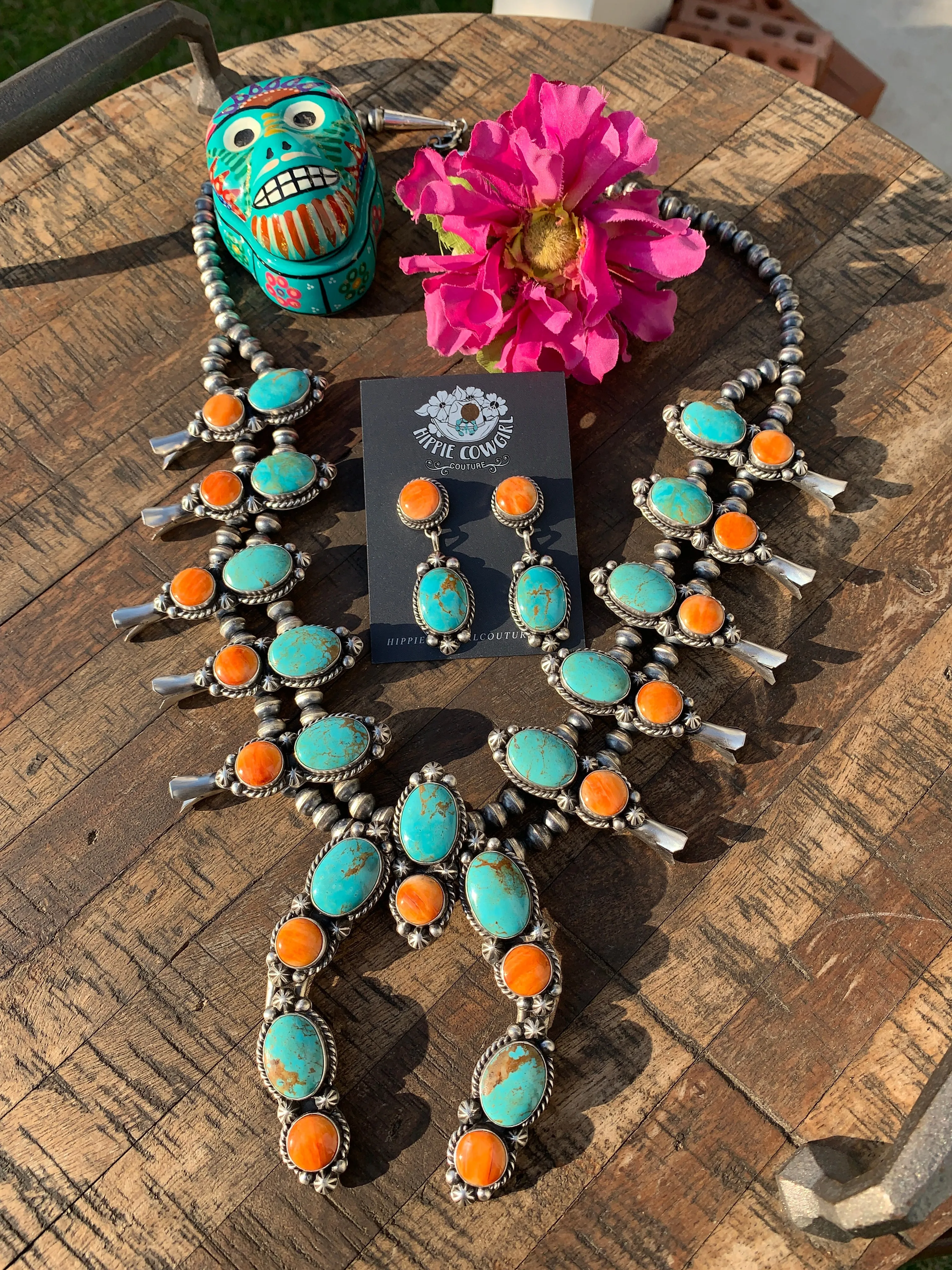 Kingman Turquoise and Orange Spiny Squash Blossom Set