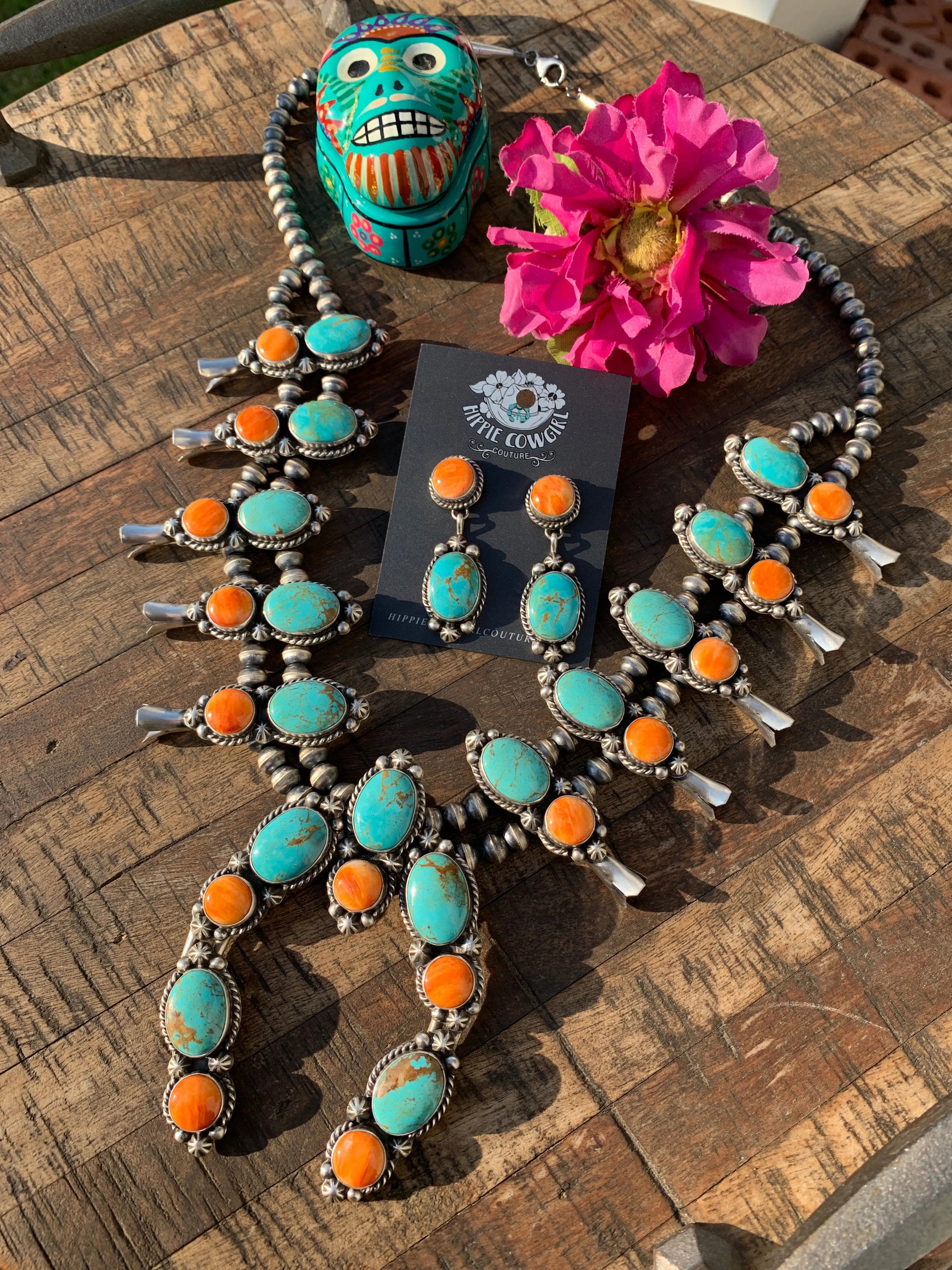 Kingman Turquoise and Orange Spiny Squash Blossom Set