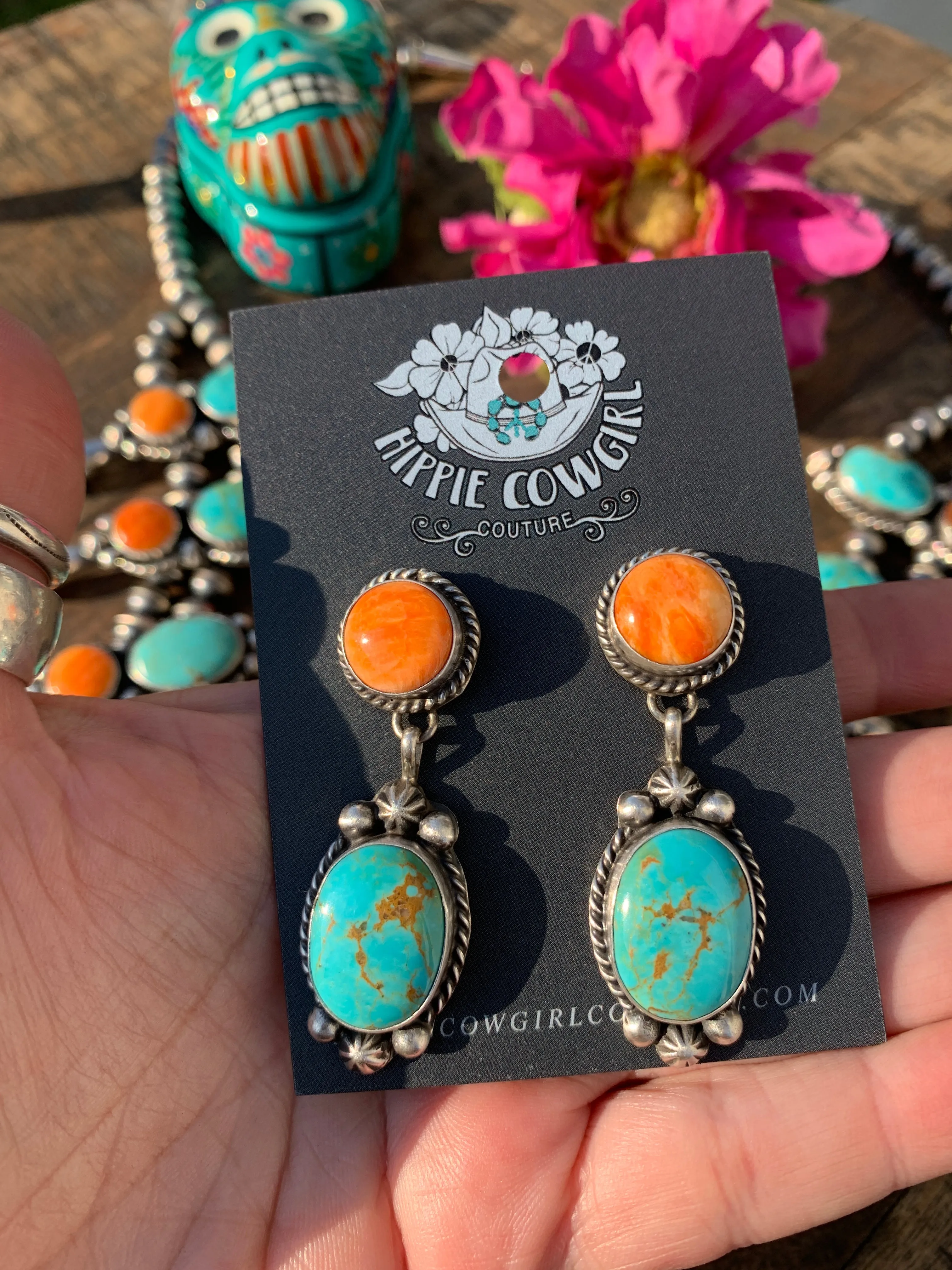 Kingman Turquoise and Orange Spiny Squash Blossom Set