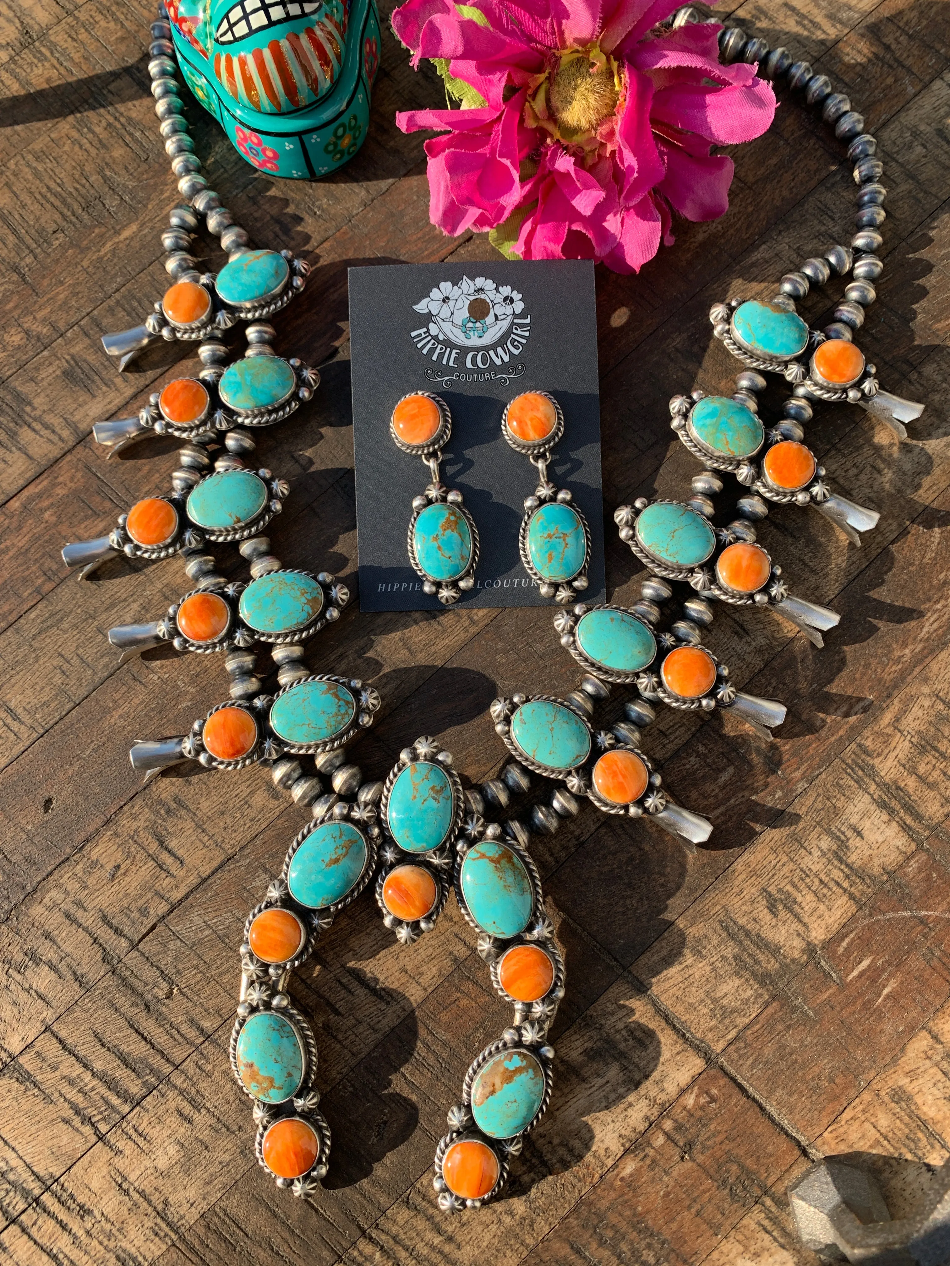 Kingman Turquoise and Orange Spiny Squash Blossom Set