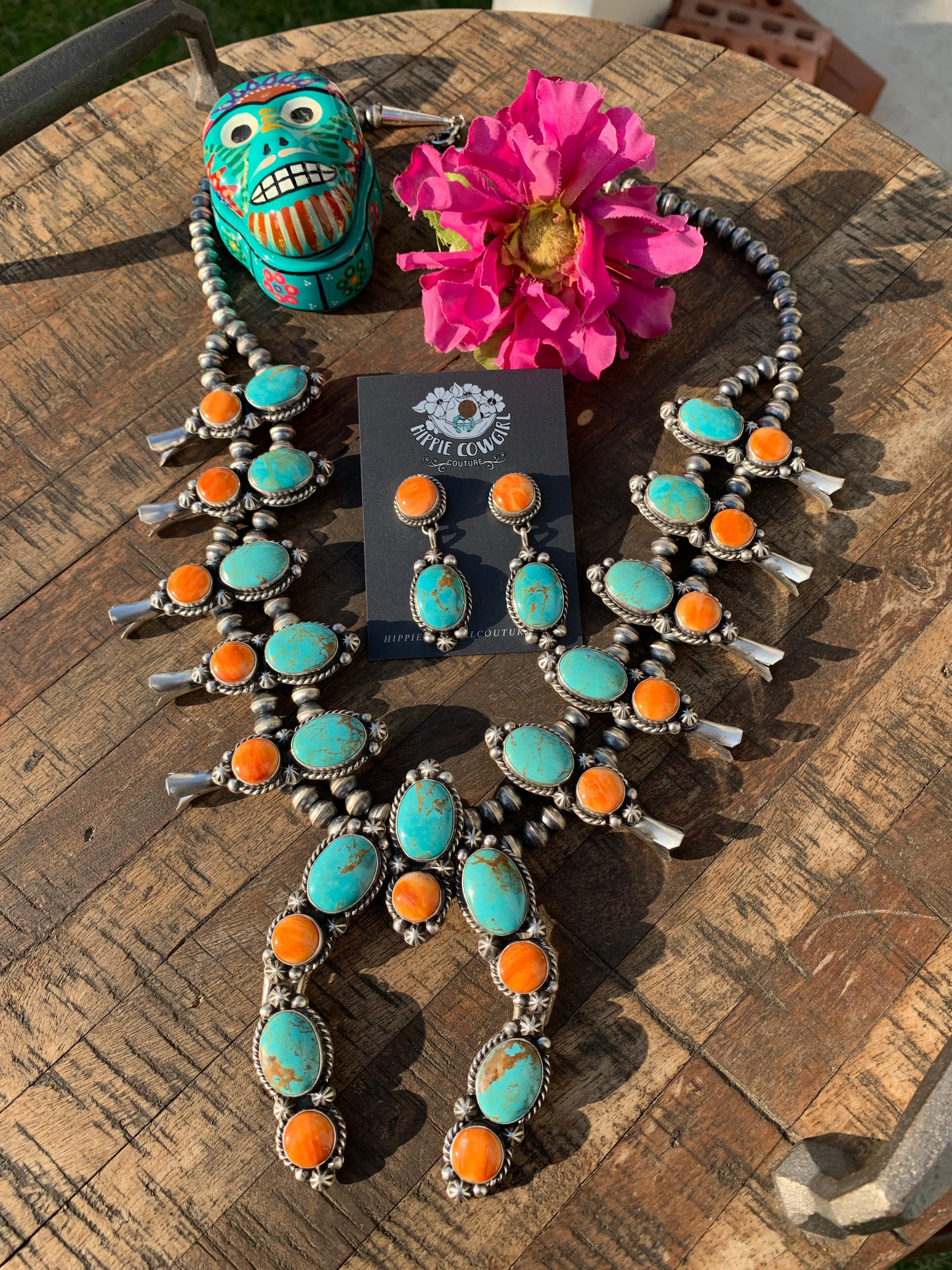 Kingman Turquoise and Orange Spiny Squash Blossom Set