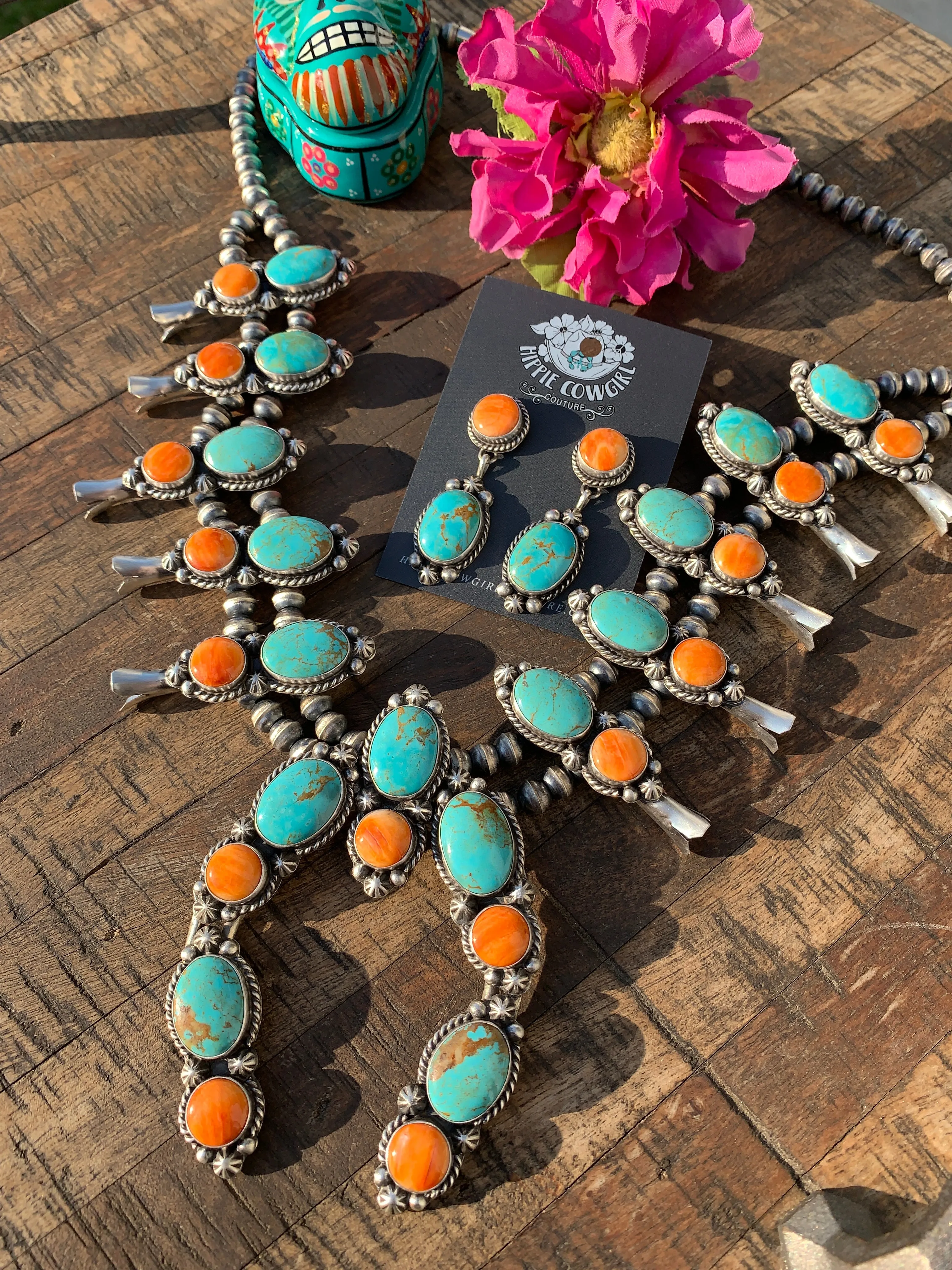 Kingman Turquoise and Orange Spiny Squash Blossom Set