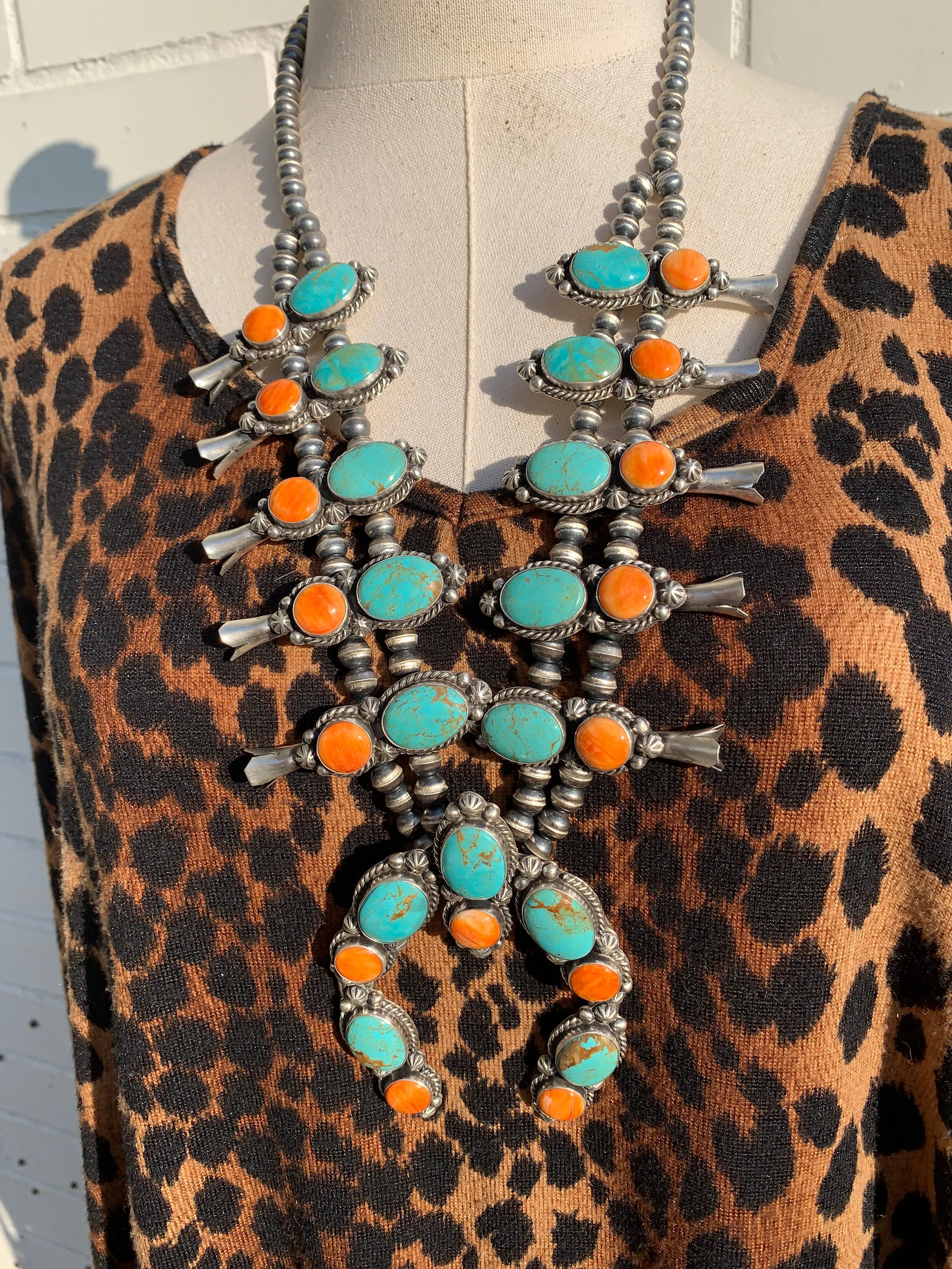 Kingman Turquoise and Orange Spiny Squash Blossom Set