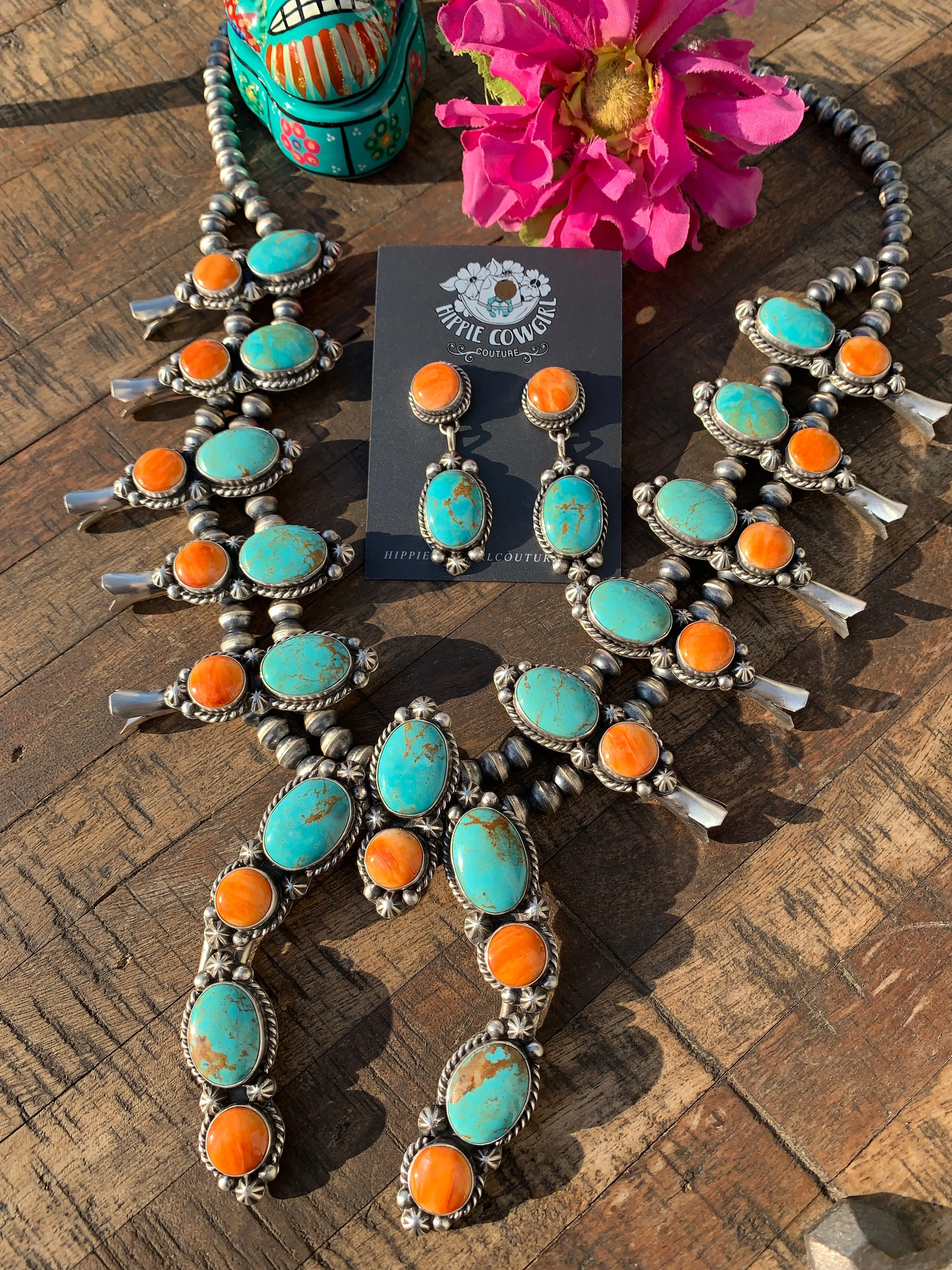 Kingman Turquoise and Orange Spiny Squash Blossom Set