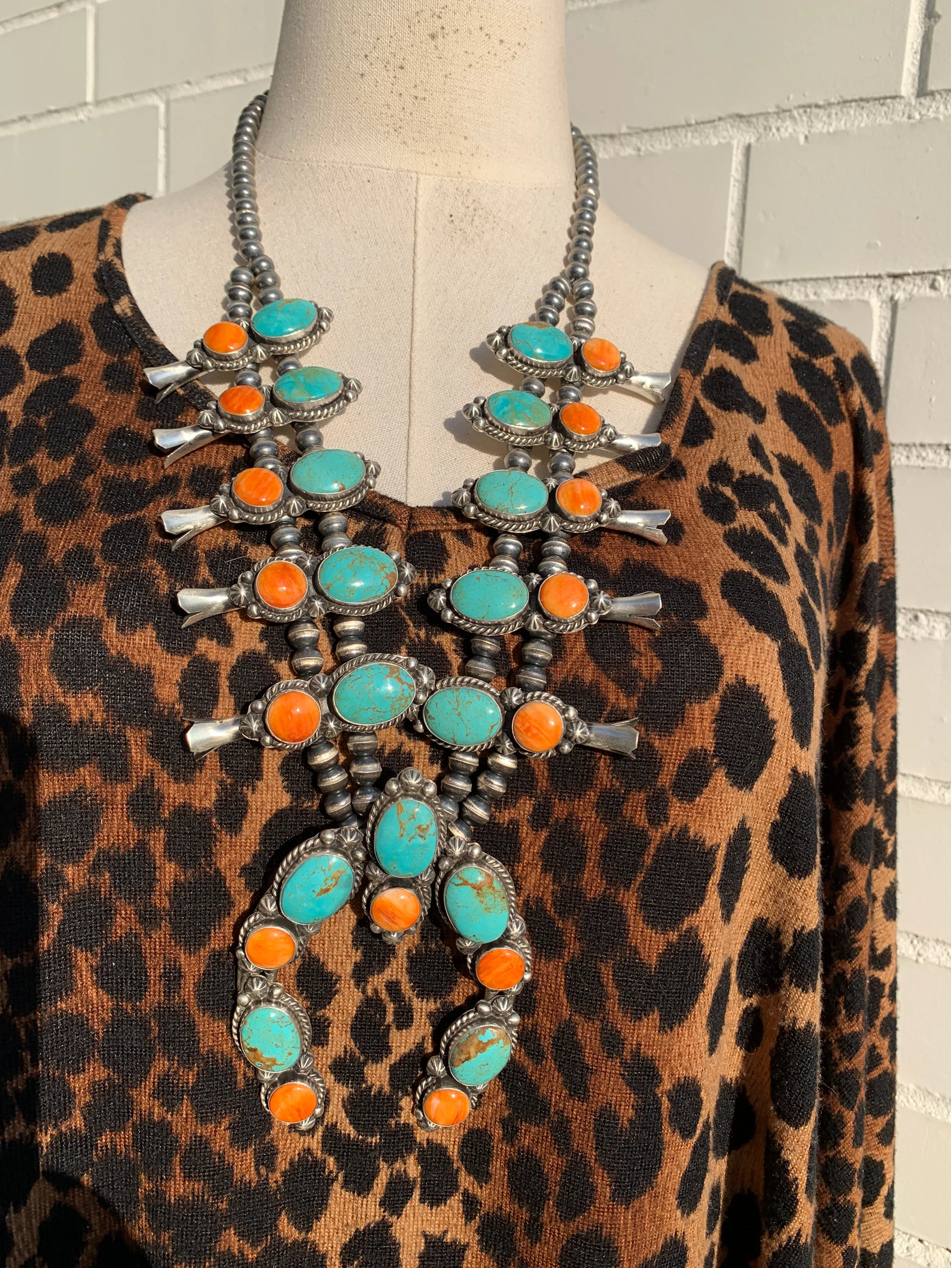 Kingman Turquoise and Orange Spiny Squash Blossom Set