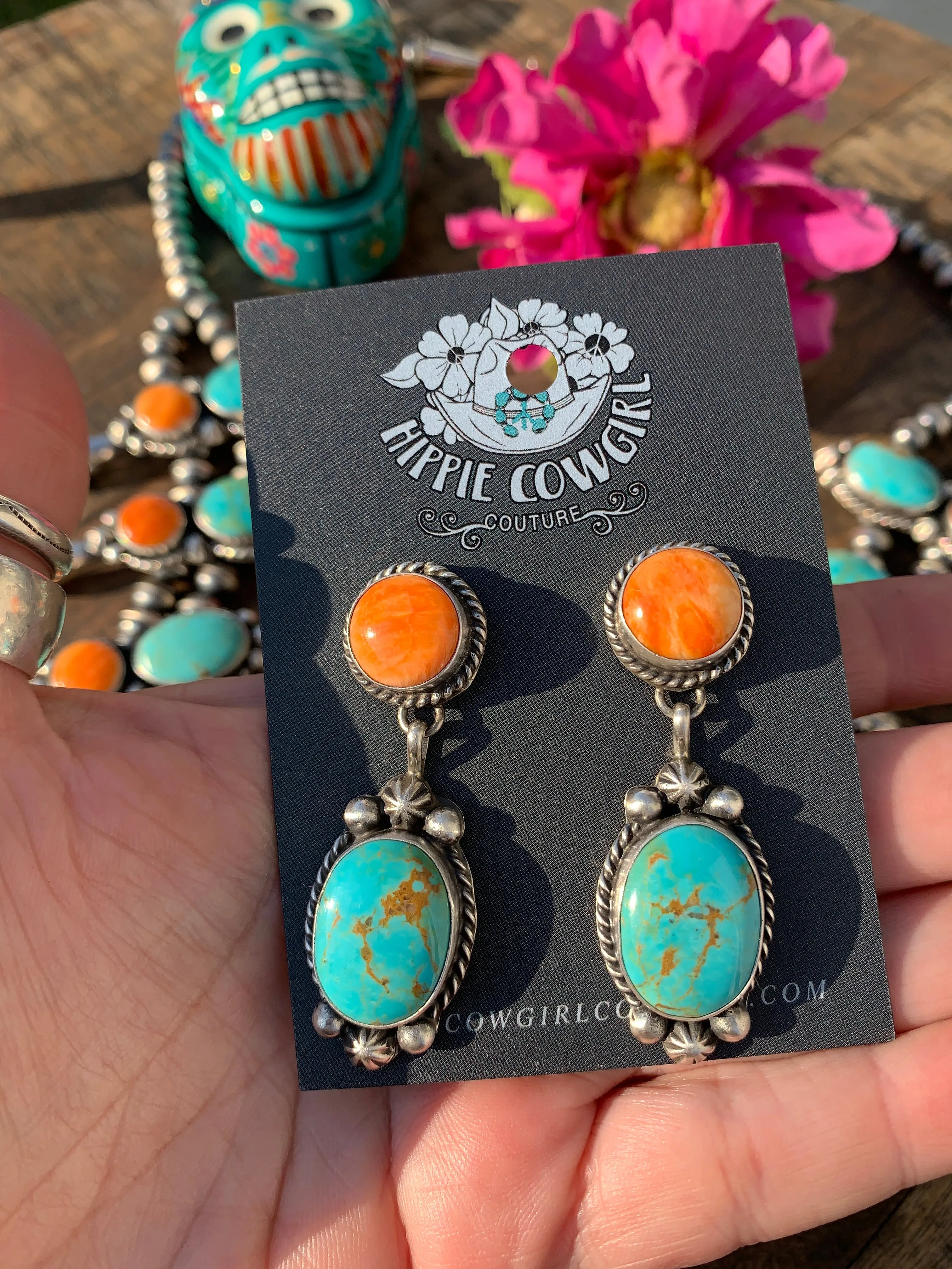 Kingman Turquoise and Orange Spiny Squash Blossom Set