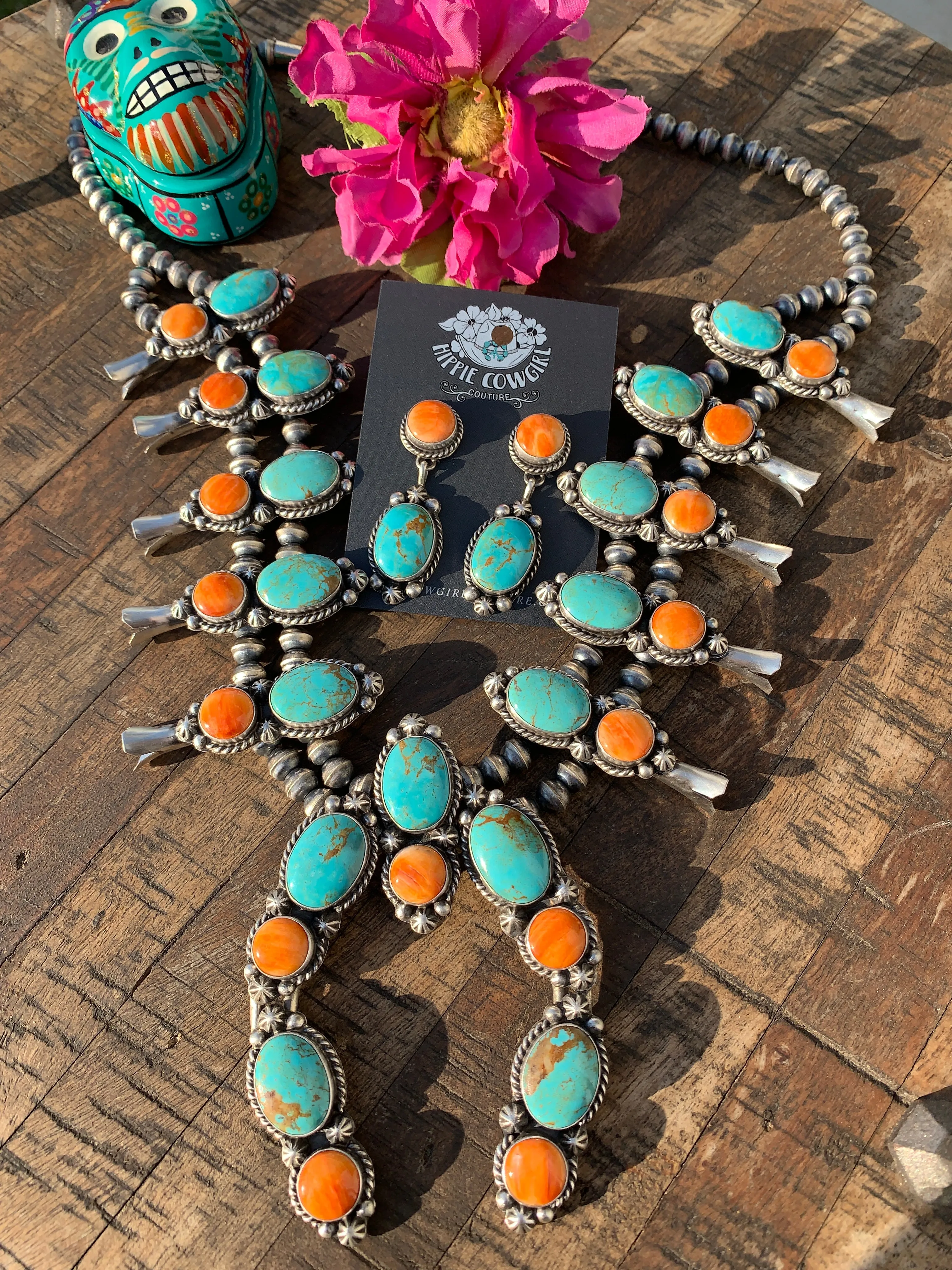 Kingman Turquoise and Orange Spiny Squash Blossom Set