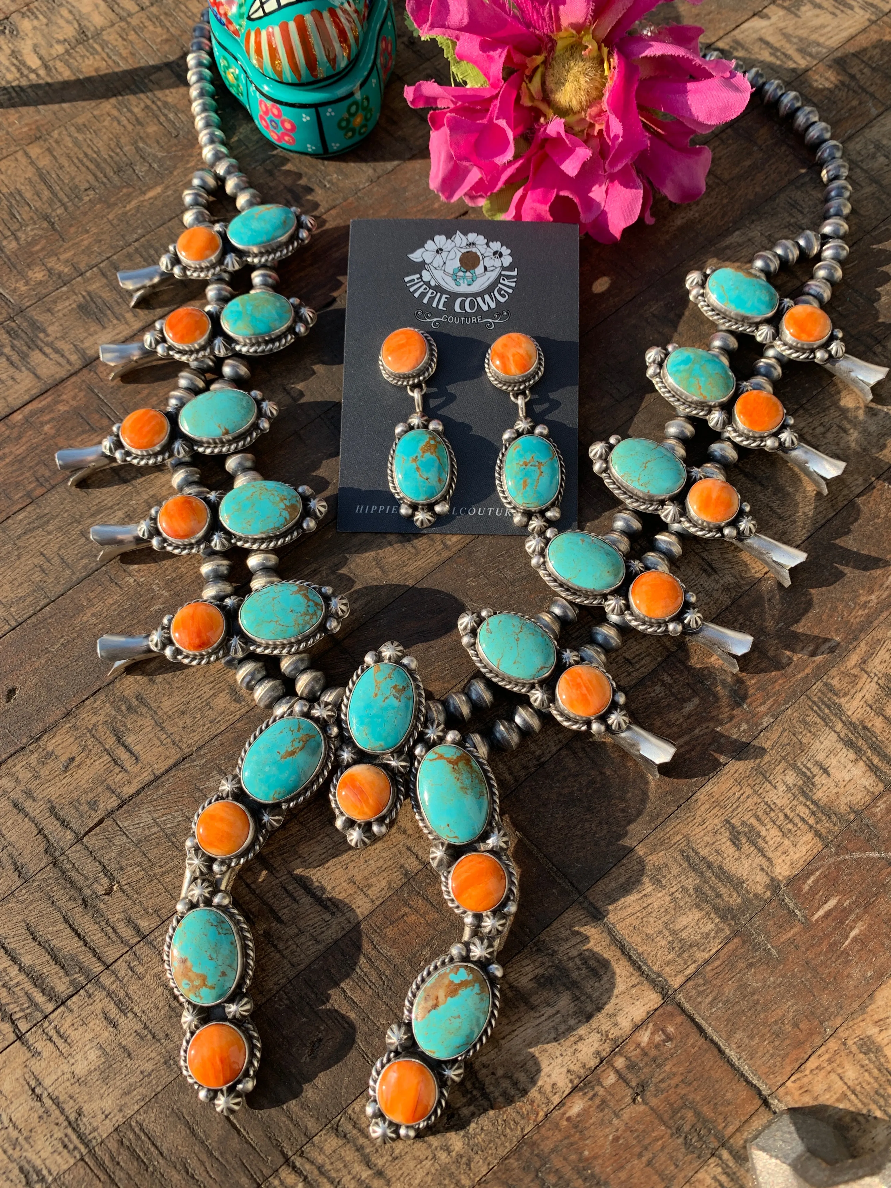 Kingman Turquoise and Orange Spiny Squash Blossom Set