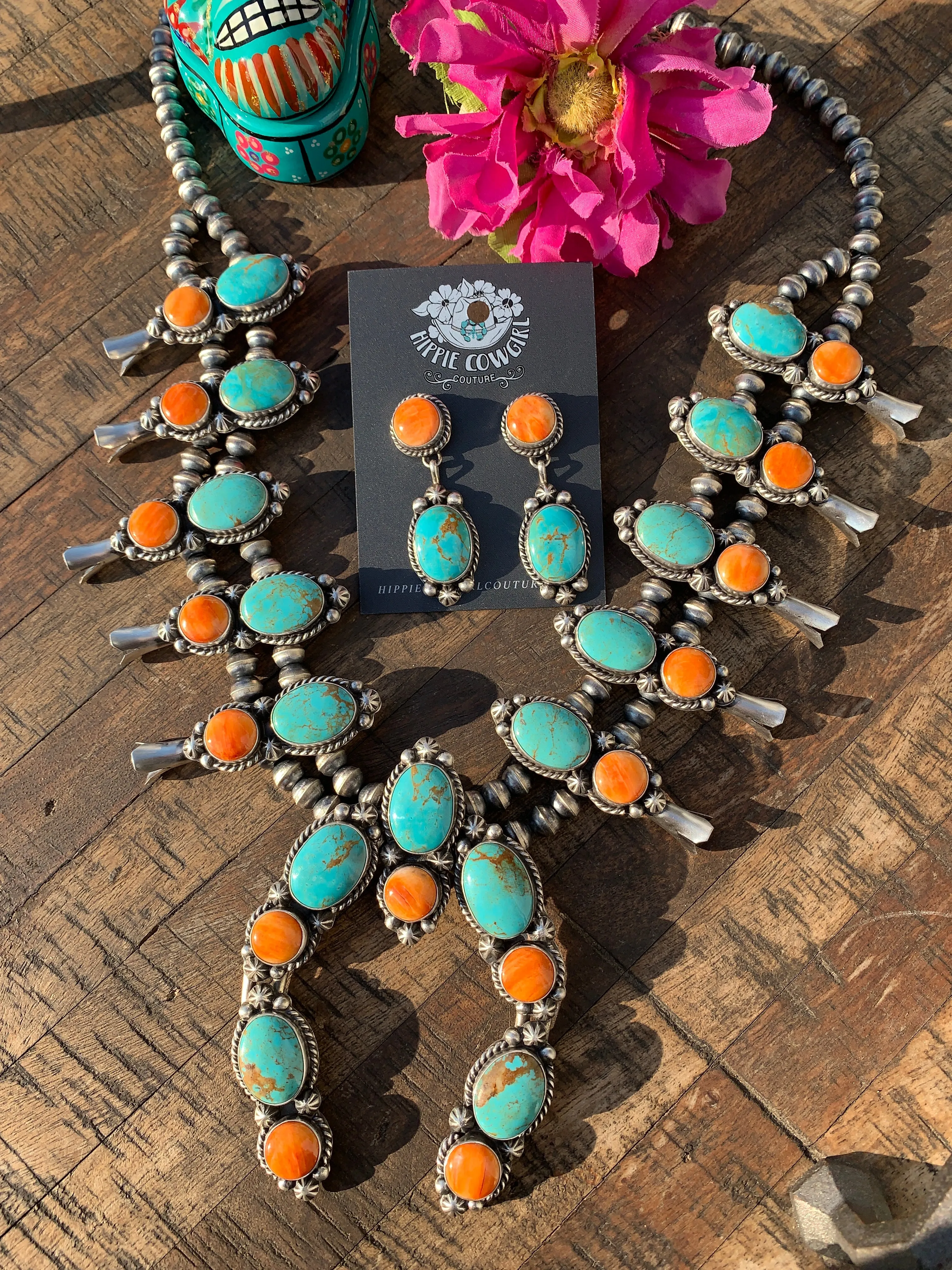 Kingman Turquoise and Orange Spiny Squash Blossom Set