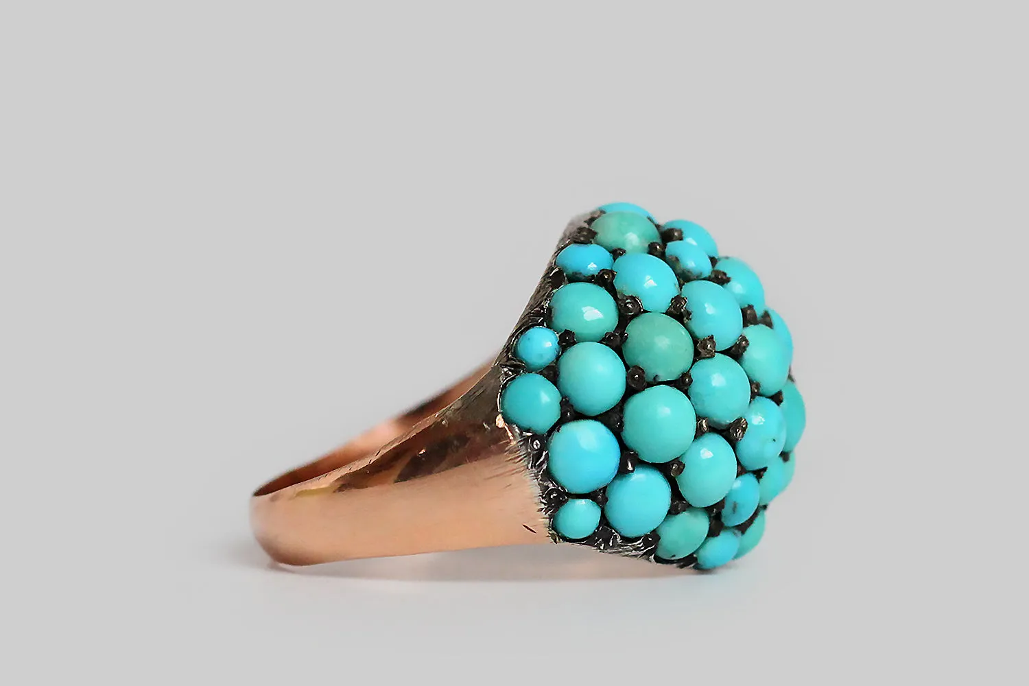 Large Victorian Era Pavé Set Turquoise Bombé Ring in 10k Gold & Silver