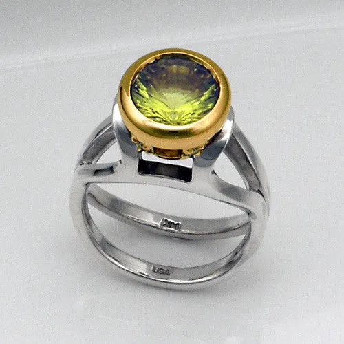 Lime Citrine Diamond Gold Silver Ring Size 7.5