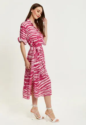 Liquorish Fuchsia Zebra Print Midi Shirt Dress