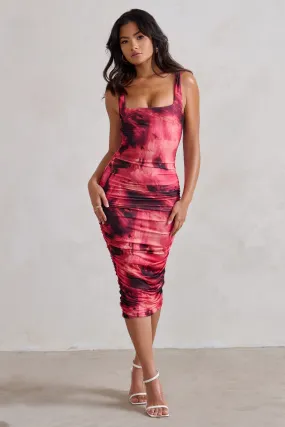 Lisbon | Pink Printed Square Neck Ruched Midi Dress