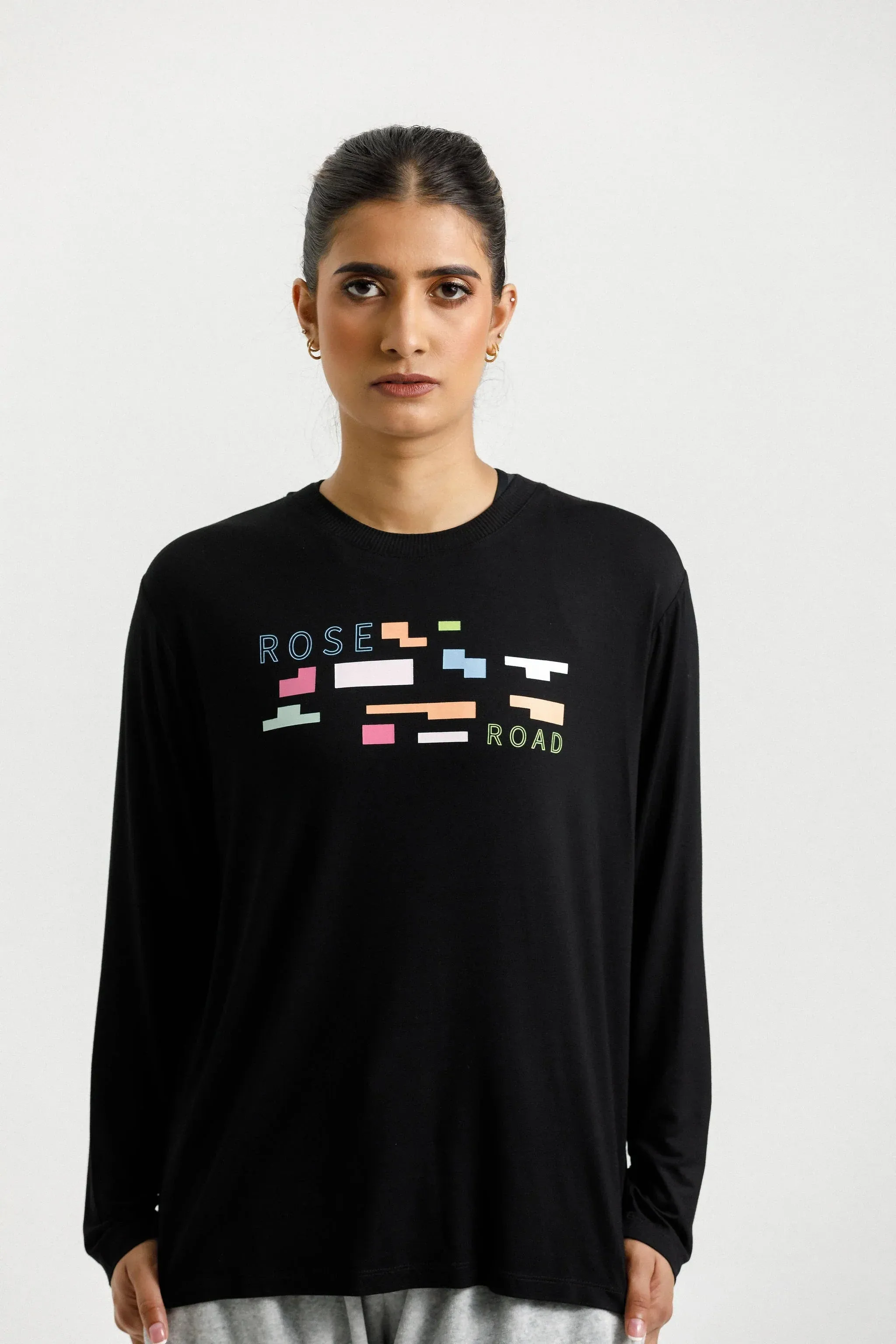 Long Sleeve Topher Tee | Black with Meta Block Chaos Print