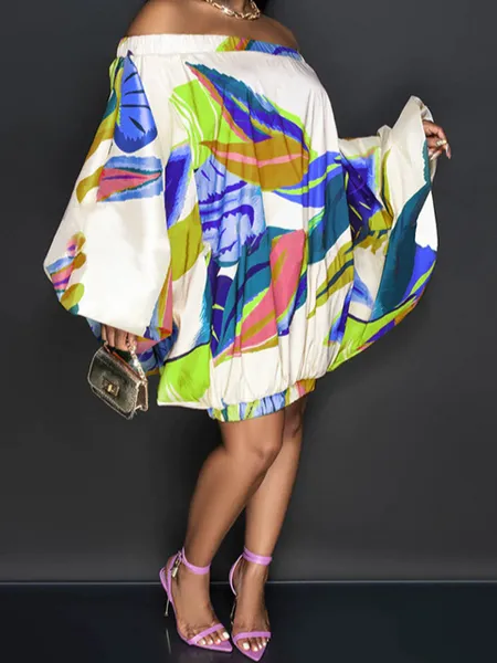 Loose Printed Batwing Sleeve Off-Shoulder Long-Sleeve Dress