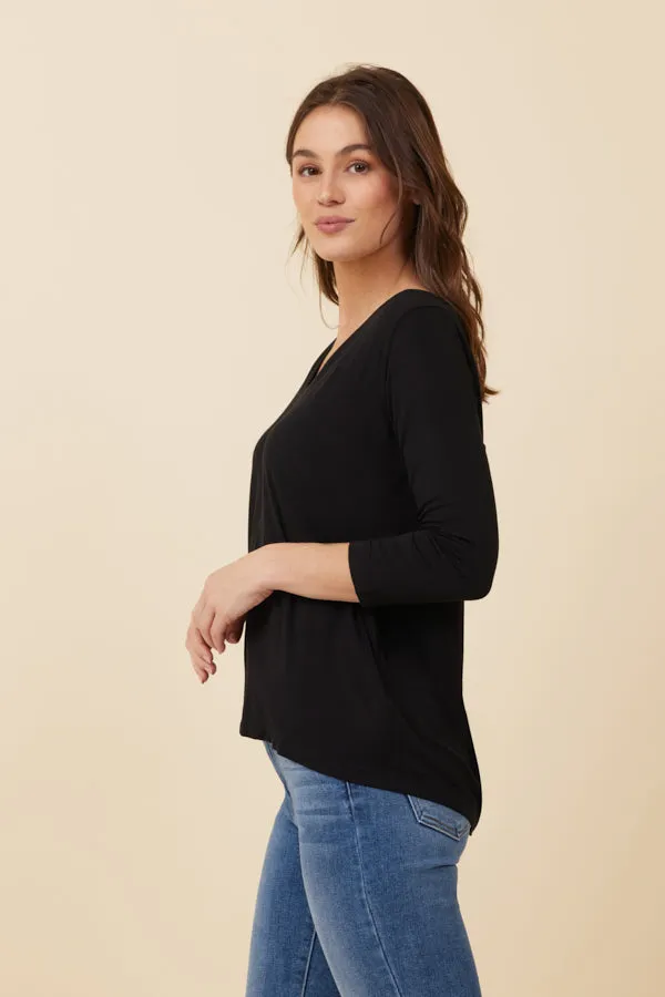 Majestic Soft Touch 3/4 Sleeve Pleat Back V-Neck in Black