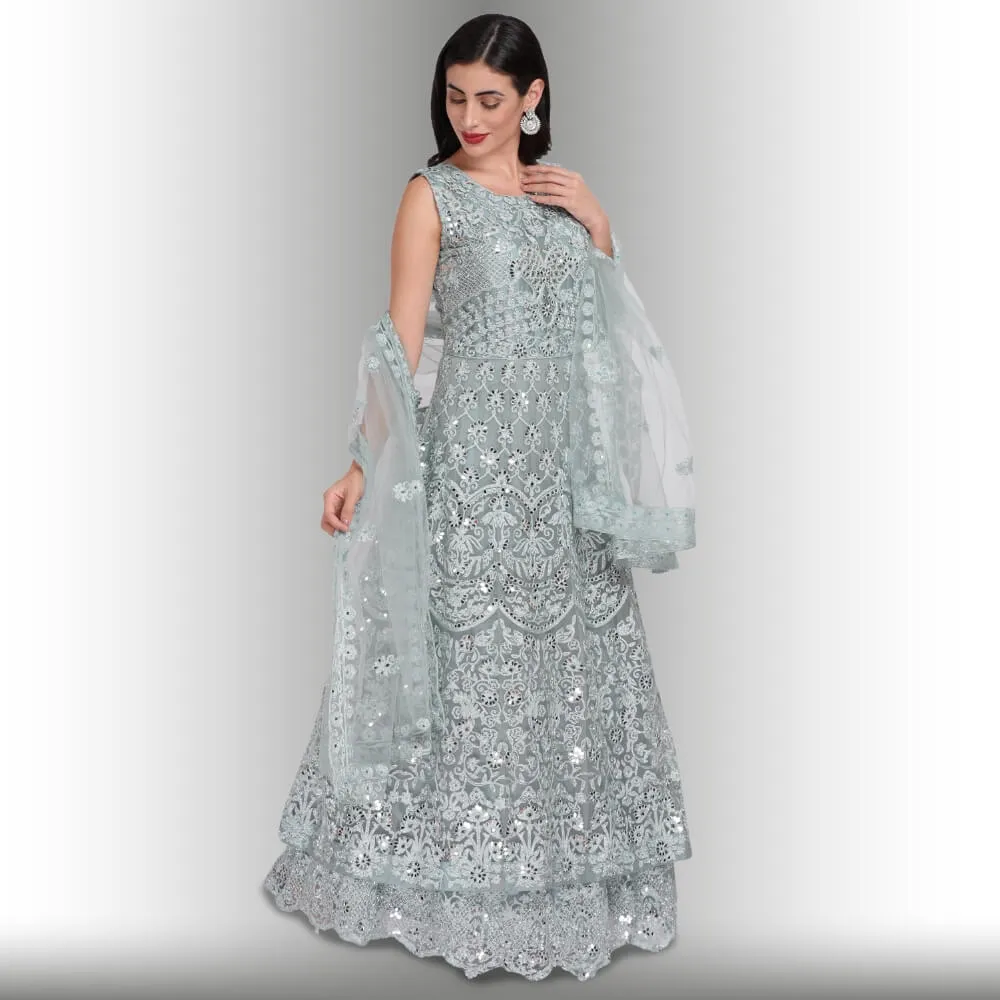 Mirror Work Gown Dress - Ash Blue