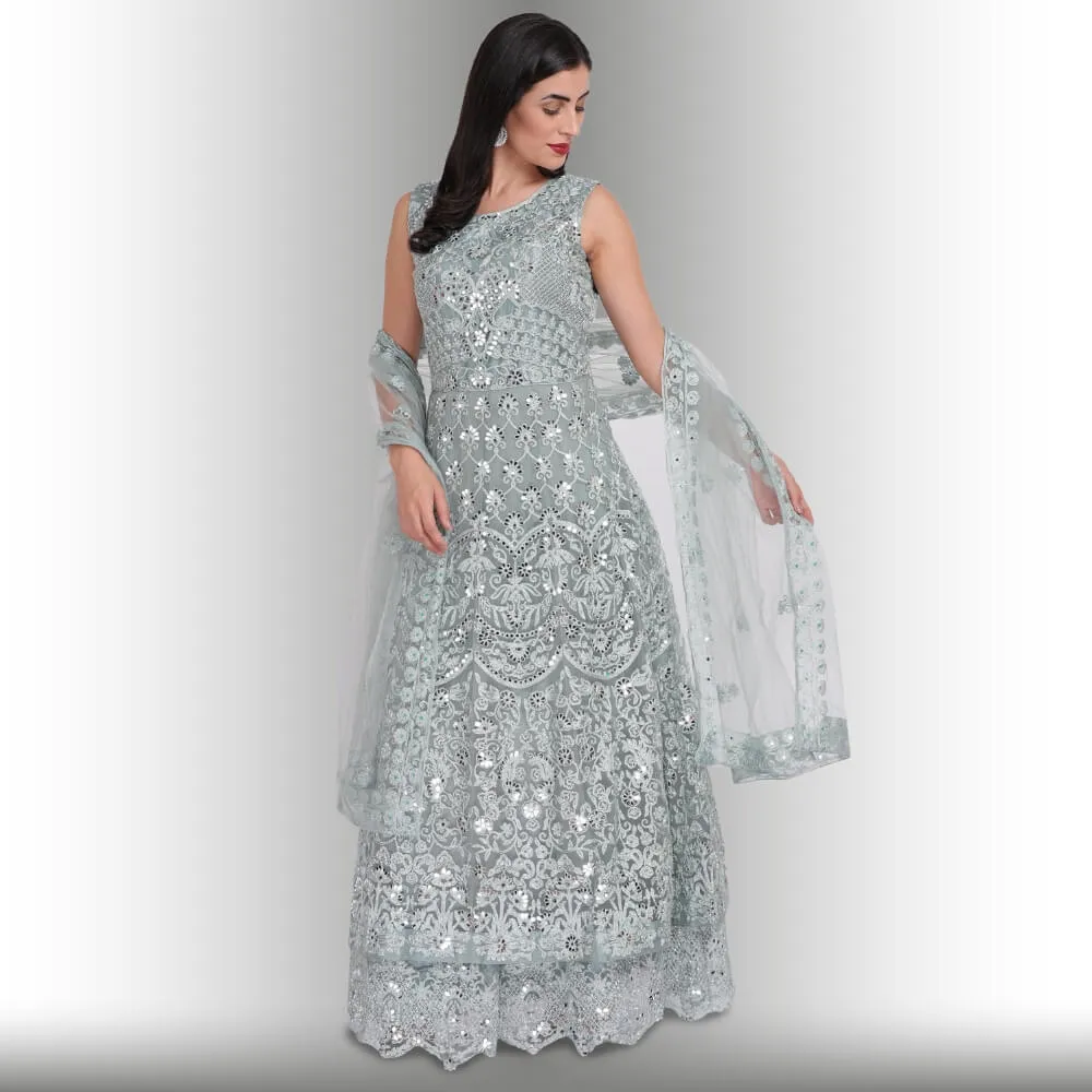 Mirror Work Gown Dress - Ash Blue