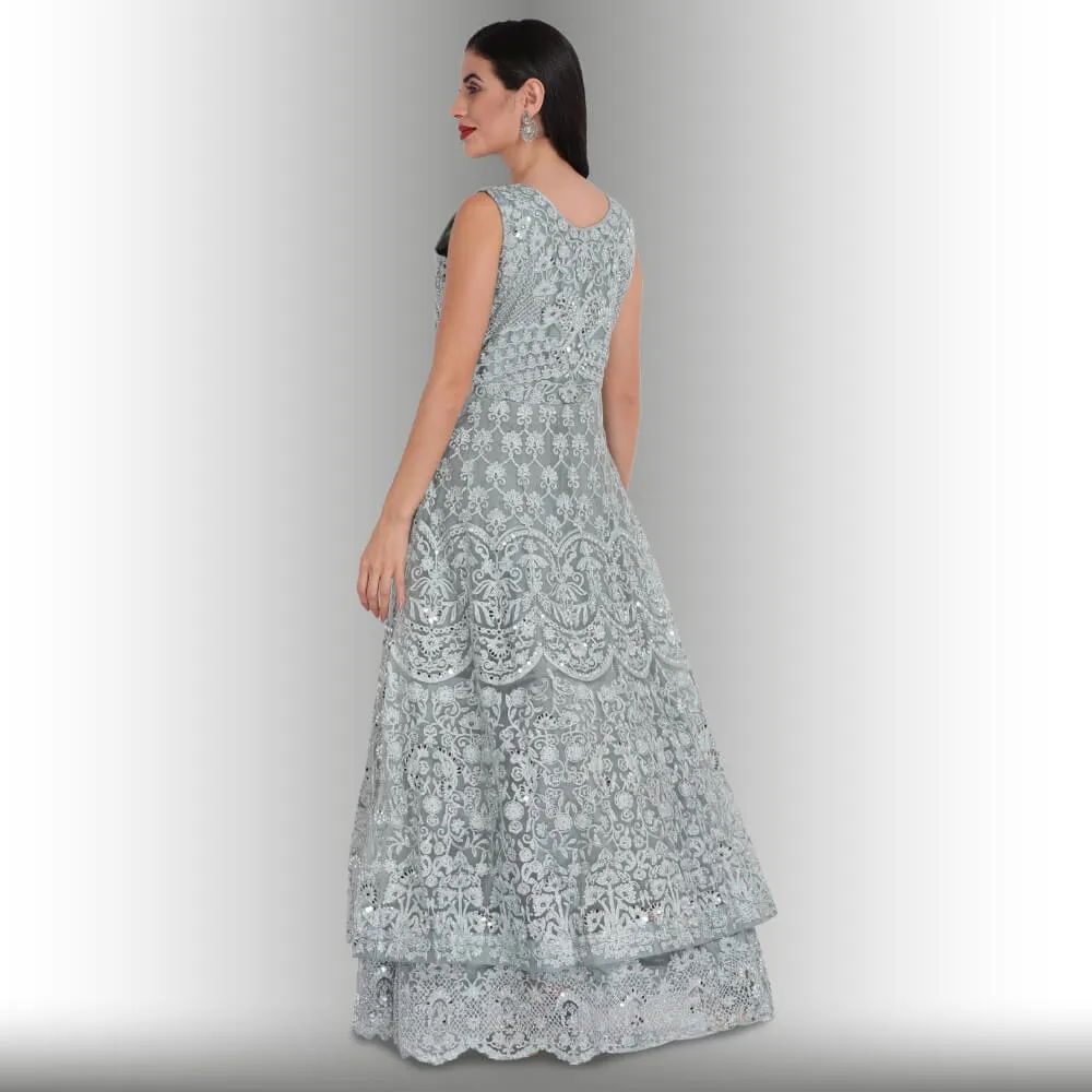 Mirror Work Gown Dress - Ash Blue