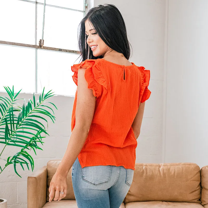 Nora Flutter Sleeve V Neck Top - Tangerine FINAL SALE