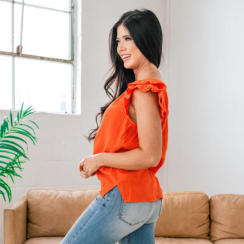 Nora Flutter Sleeve V Neck Top - Tangerine FINAL SALE