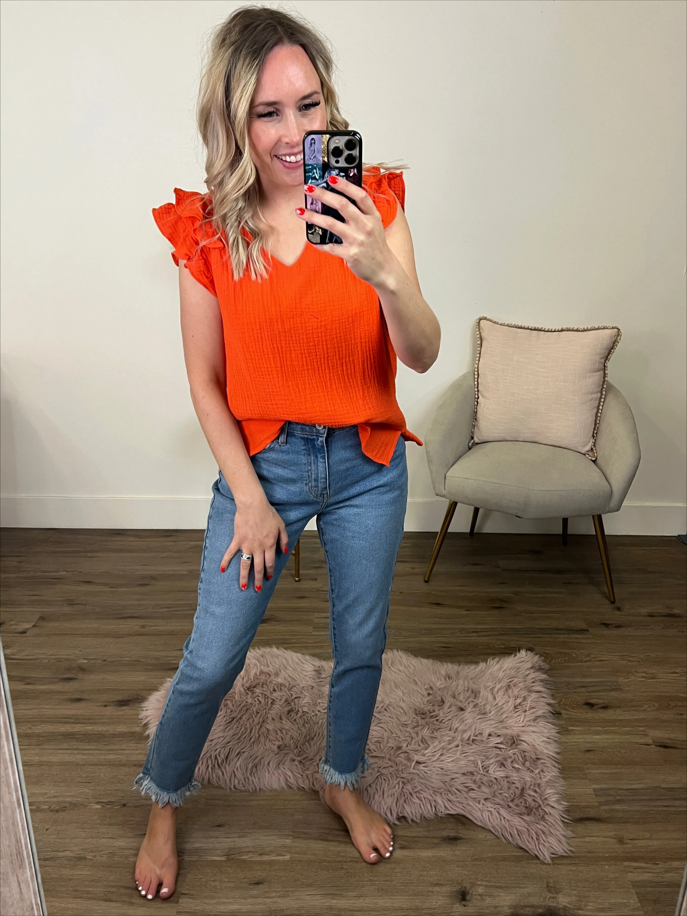 Nora Flutter Sleeve V Neck Top - Tangerine FINAL SALE