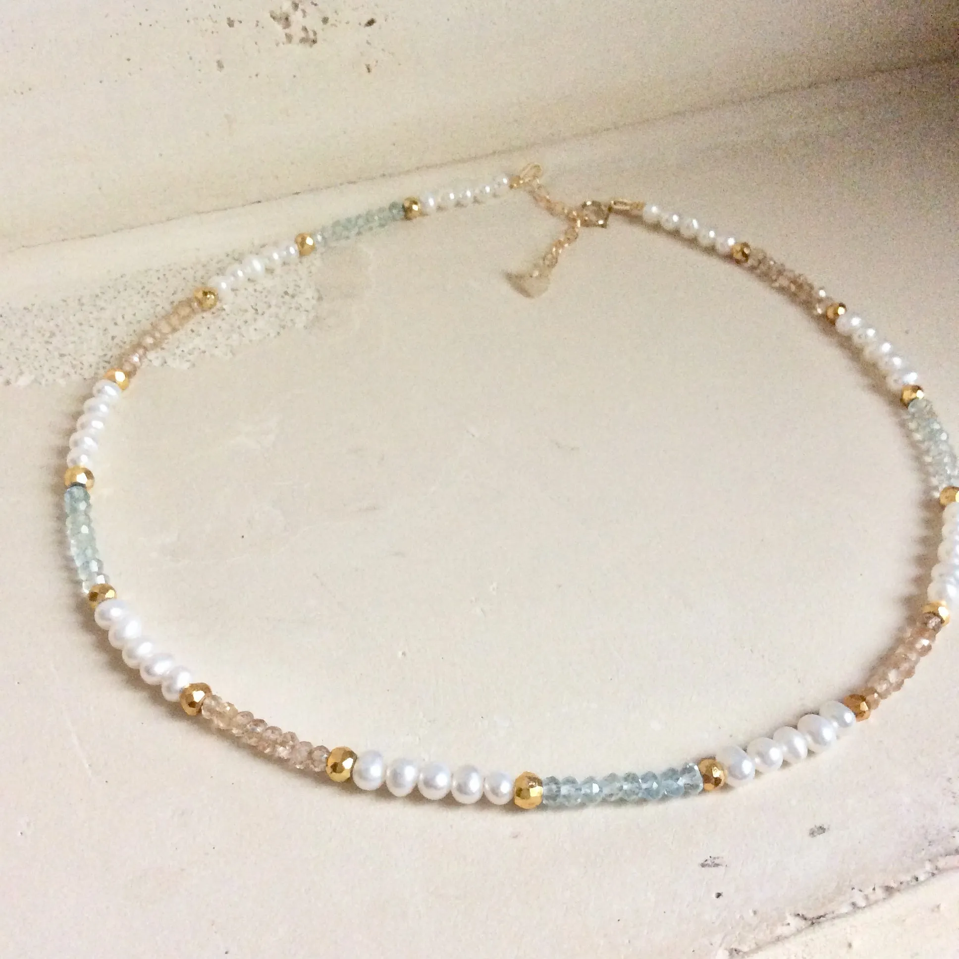 Pearl Choker Necklace with Citrine and Aquamarine Beads, Gold Filled, 15inches