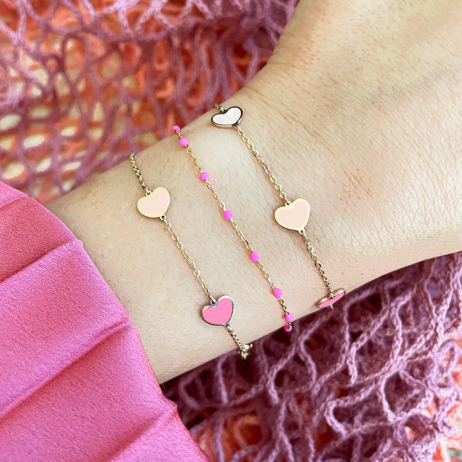 Pink Mixed Heart Station Bracelet