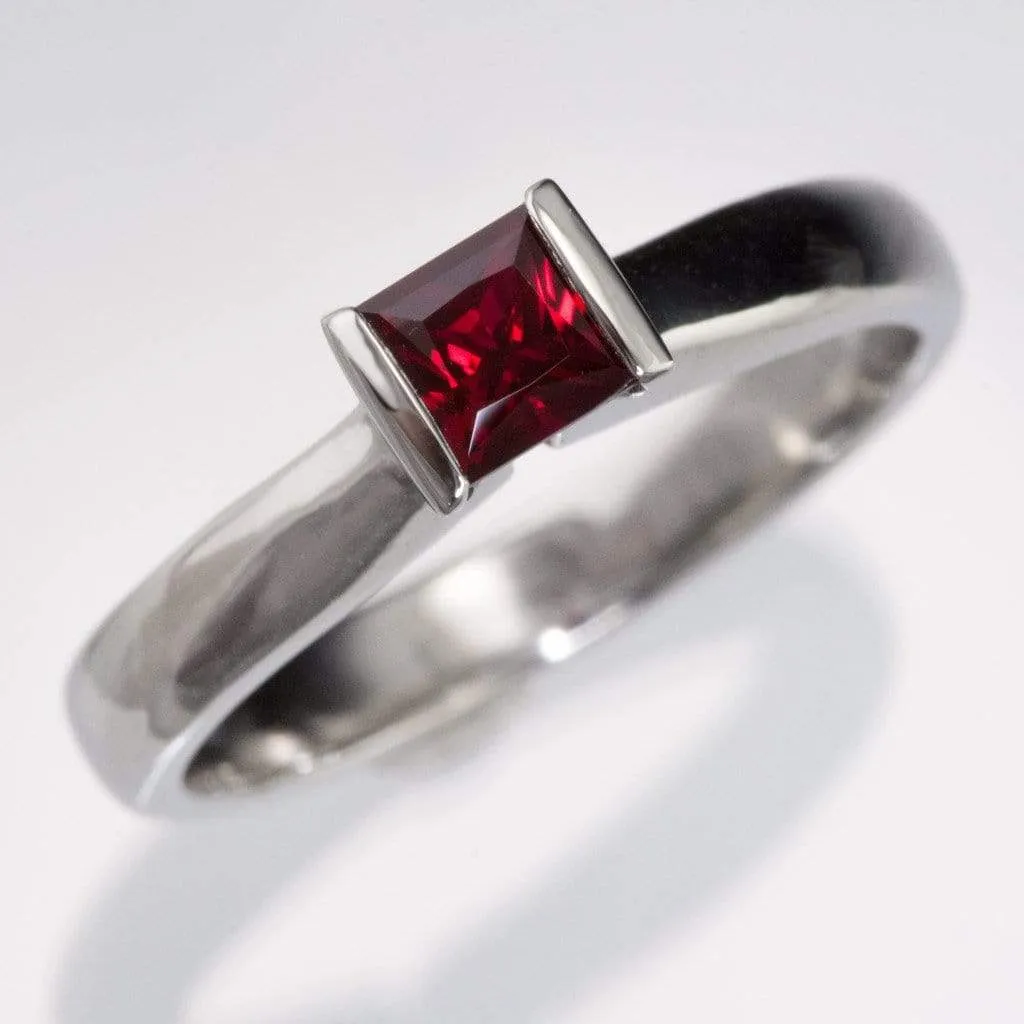 Princess Cut Ruby Modified Tension Solitaire Engagement Ring