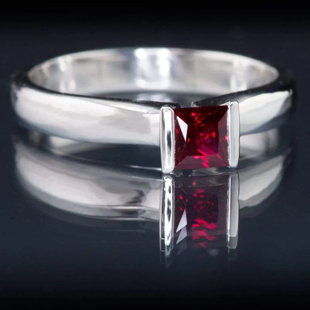 Princess Cut Ruby Modified Tension Solitaire Engagement Ring