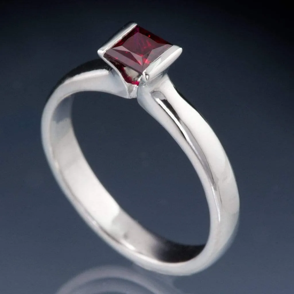 Princess Cut Ruby Modified Tension Solitaire Engagement Ring