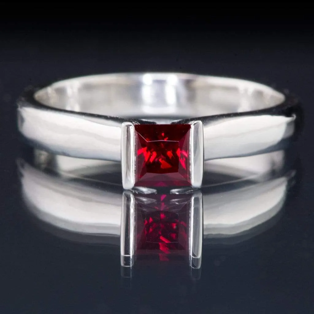 Princess Cut Ruby Modified Tension Solitaire Engagement Ring