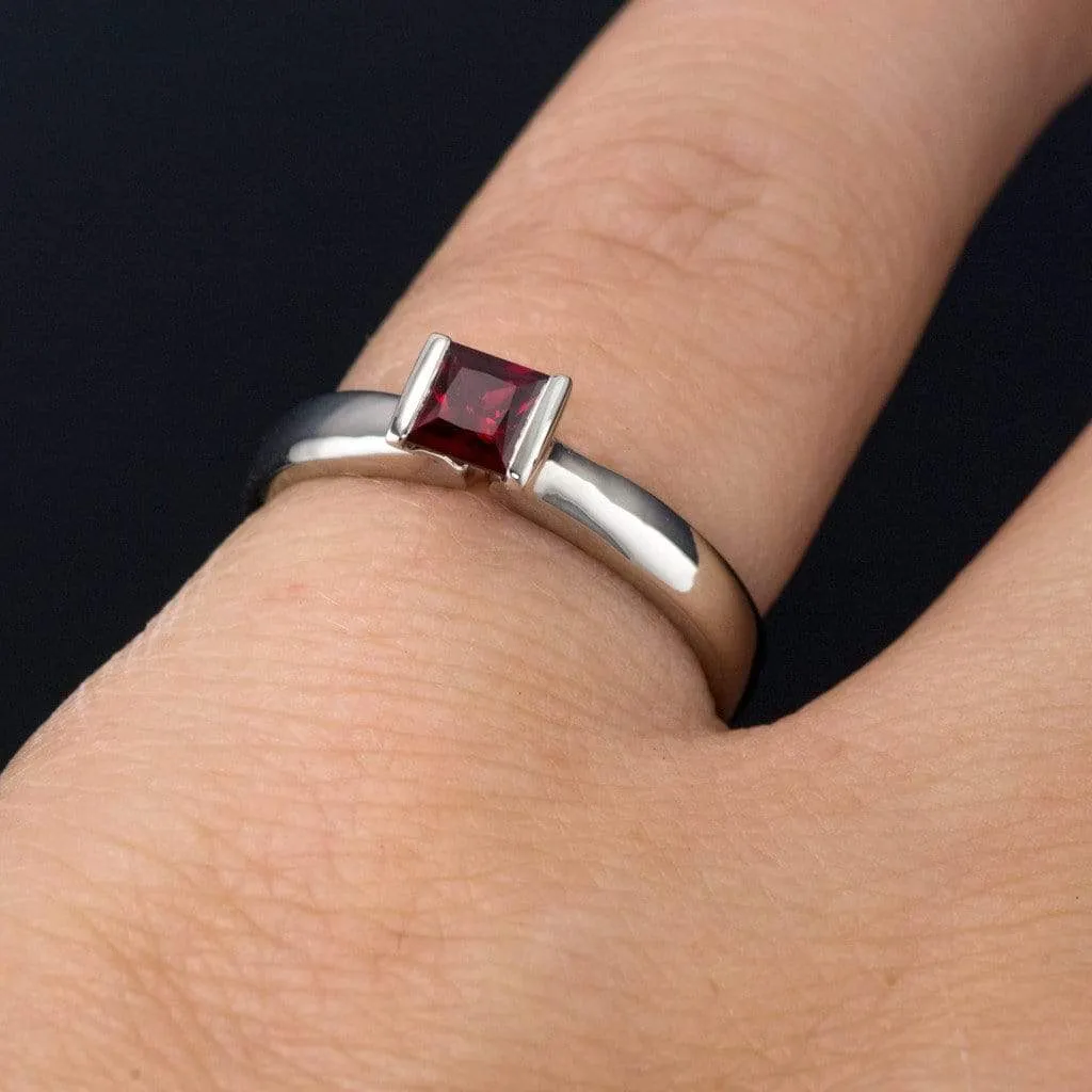 Princess Cut Ruby Modified Tension Solitaire Engagement Ring