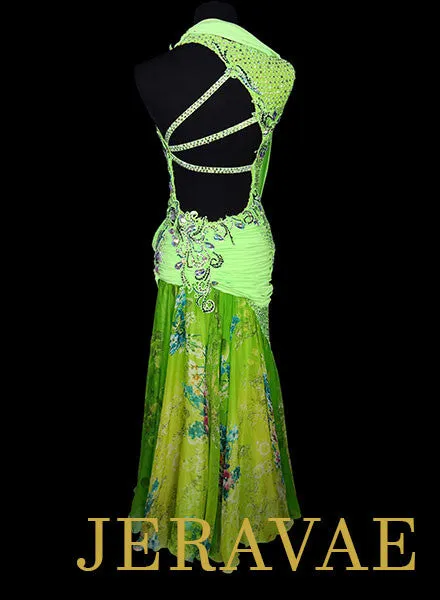 Resale Neon Lime Green Ballroom Dress with Floral Skirt SMO057 sz Medium/Large