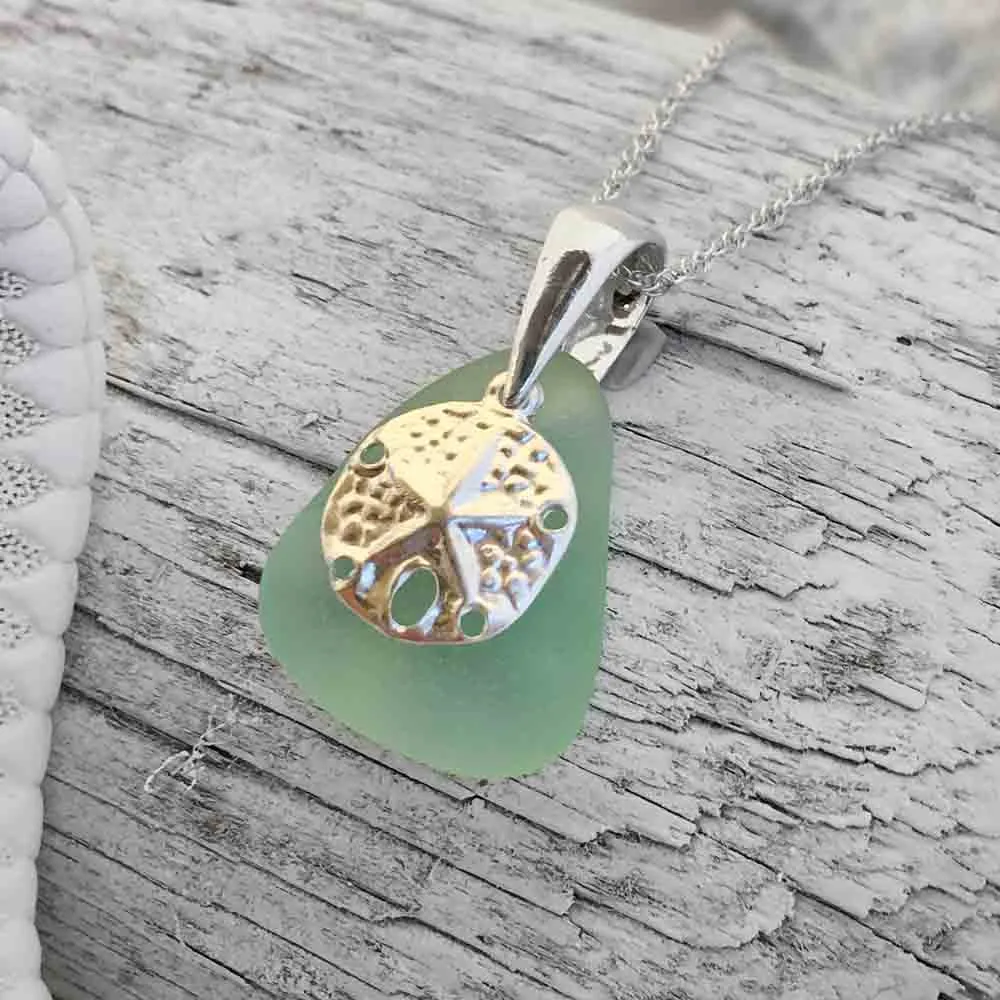 Seafoam Sea Glass Pendant with Sand Dollar Charm | #1650