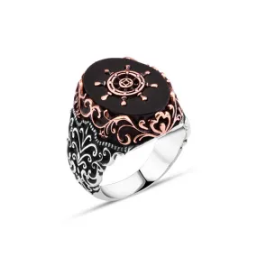 Ship Wheel on Black Ellipse Onyx Stone Silver Men's Ring with Wavy Pattern Around