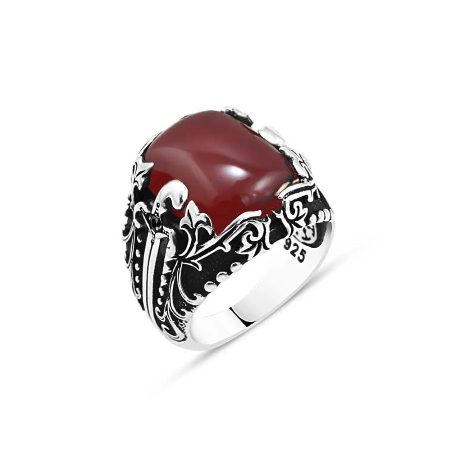 Square Red Agate Stone Silver Men's Ring with Sword Pattern