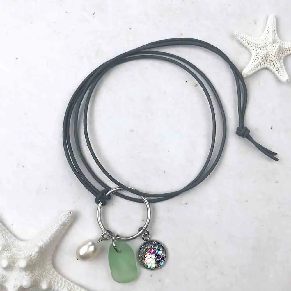 Starshine Rainbow Mermaid Dreams Necklace with Seafoam Sea Glass & Genuine Pearl | #1359