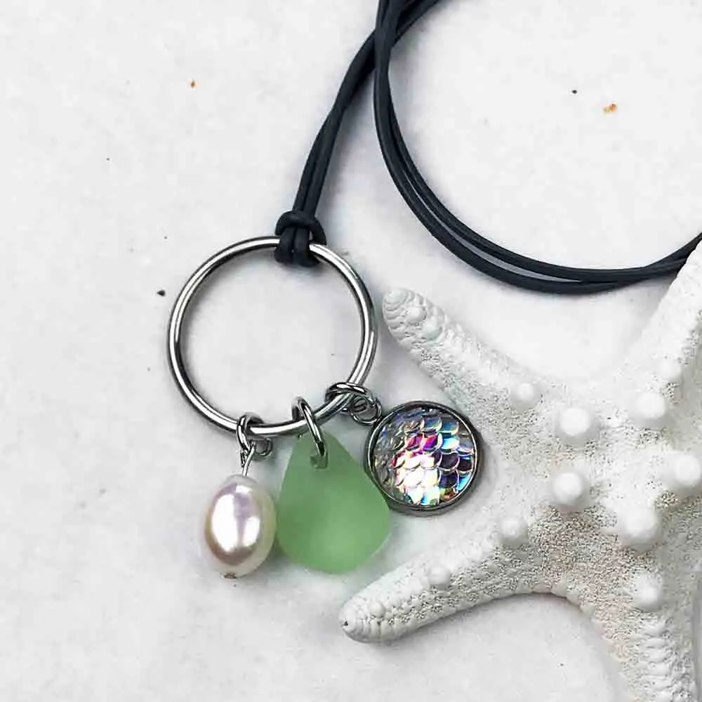 Starshine Rainbow Mermaid Dreams Necklace with Seafoam Sea Glass & Genuine Pearl | #1359