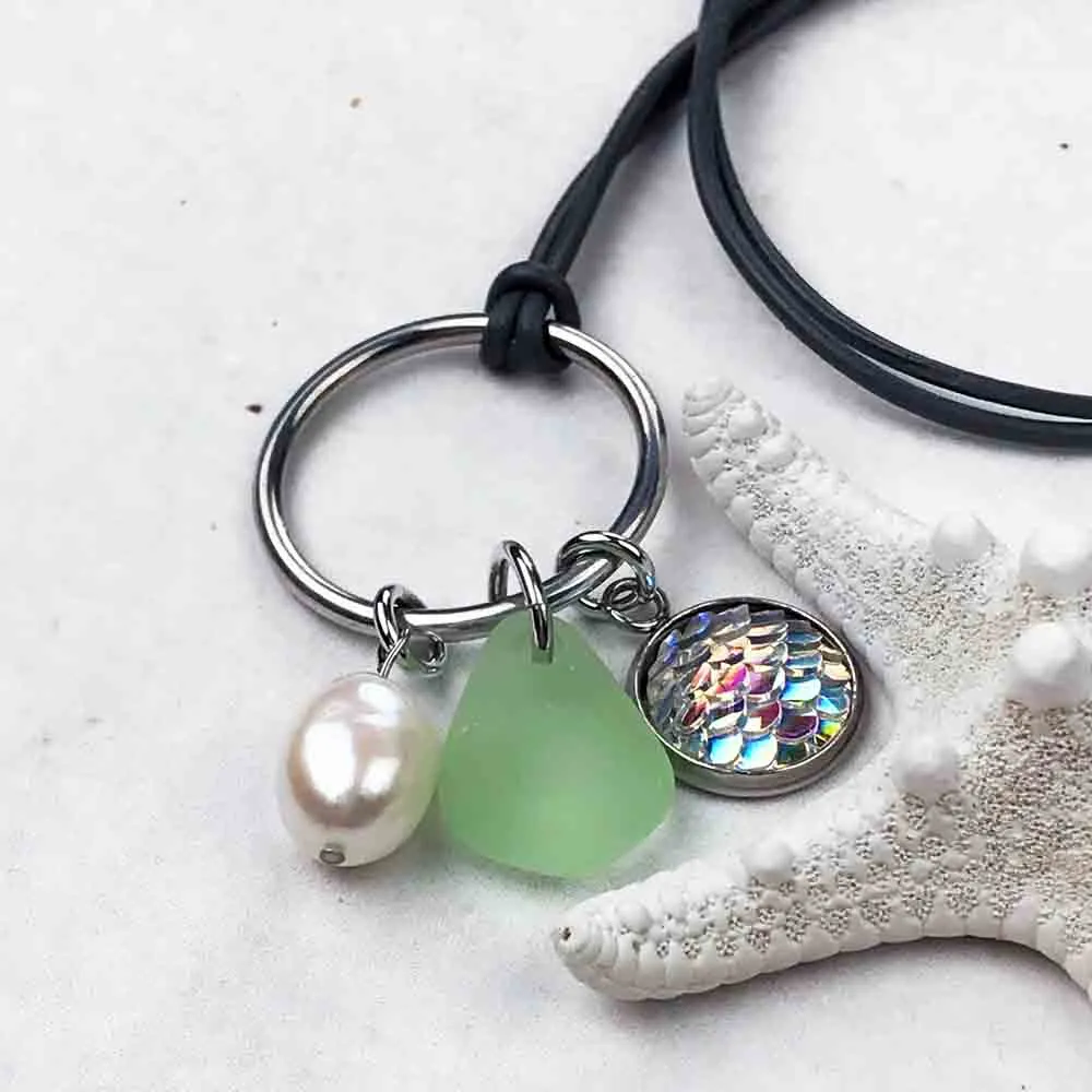 Starshine Rainbow Mermaid Dreams Necklace with Seafoam Sea Glass & Genuine Pearl | #1359