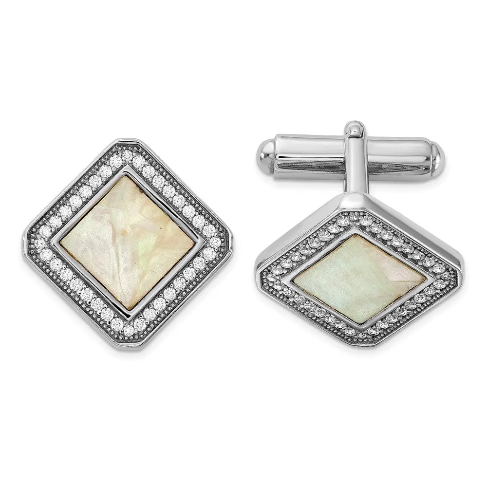 Sterling Silver Rhodium-plated CZ and Mother of Pearl Square Cuff Links