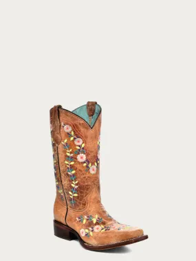 T0161 - TEEN'S GLOW IN THE DARK FLORAL EMBROIDERY HONEY SQUARE TOE COWBOY BOOT